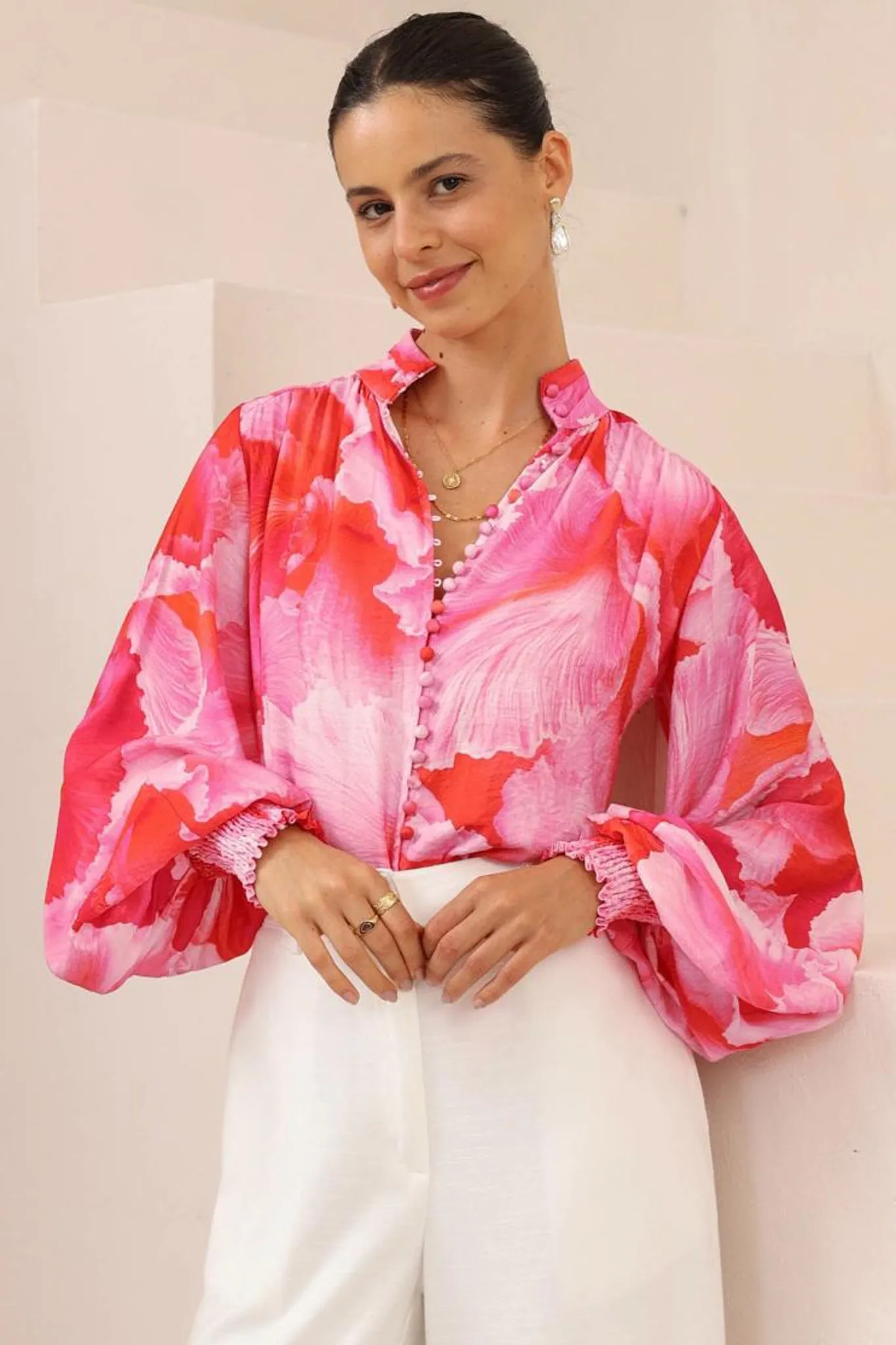 Faye Blouse - Mandarin Collar Balloon Sleeve Button Down Shirt in Greta Print sold by Salty Crush