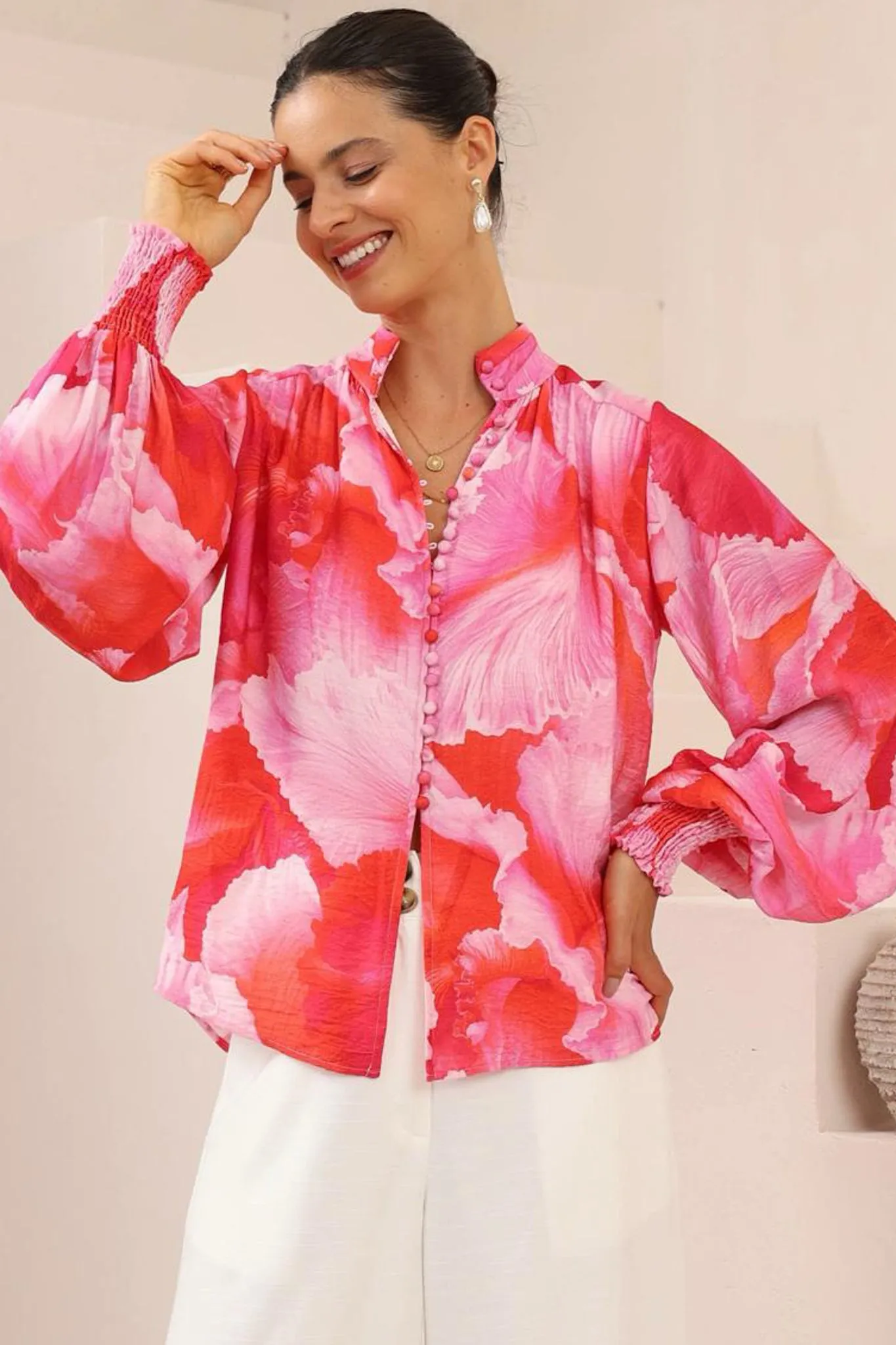 Faye Blouse - Mandarin Collar Balloon Sleeve Button Down Shirt in Greta Print sold by Salty Crush product image thumbnail 2