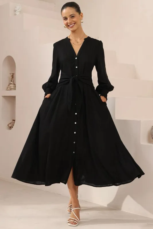 Anne Midi Dress - Mandarin Collar Waist Tie Detailed A Line Dress in Black sold by Salty Crush