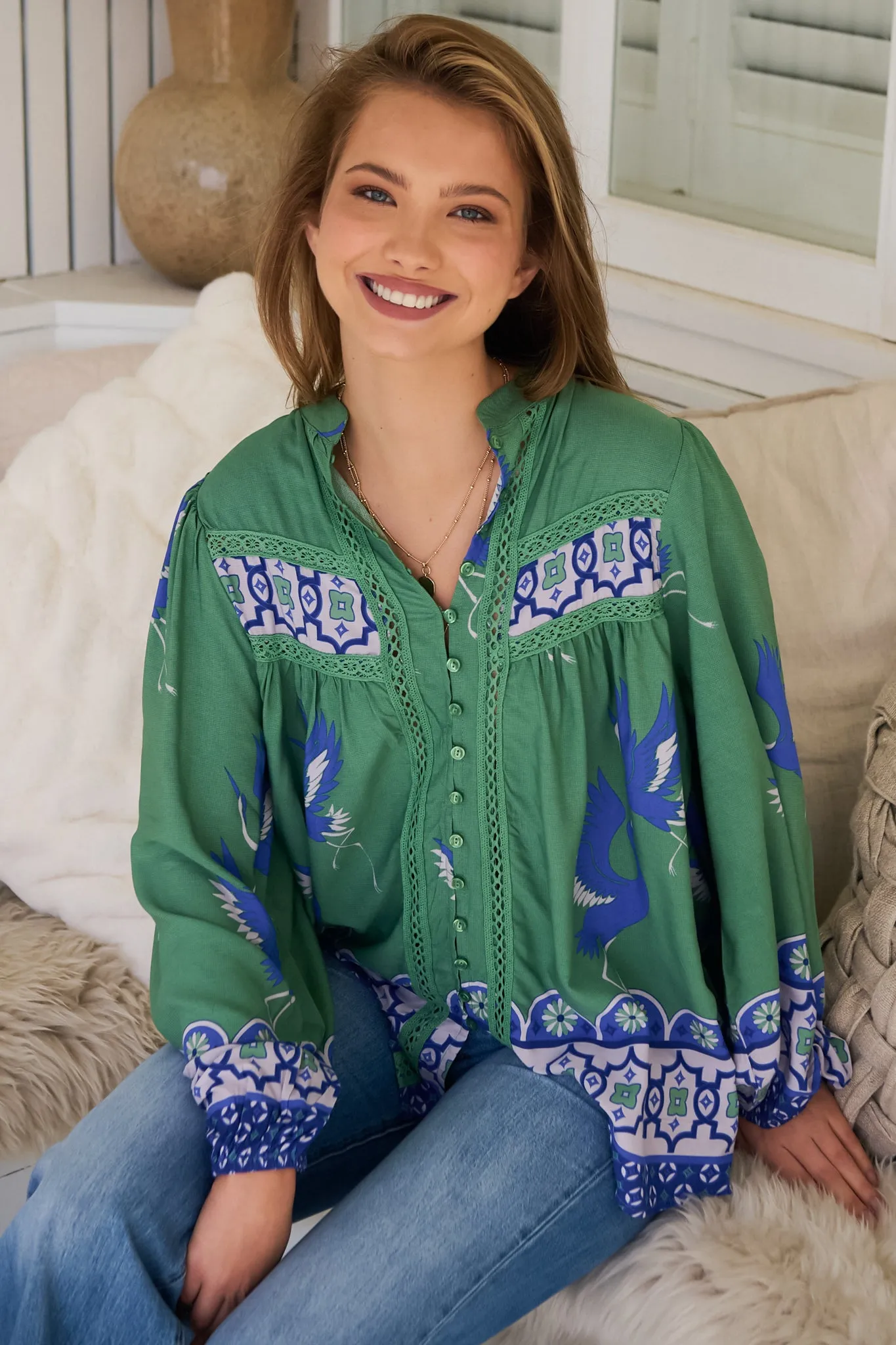 Bee Blouse - Lace Decal Button Down Long Sleeve Blouse in Bluebird Print sold by Salty Crush product image thumbnail 2