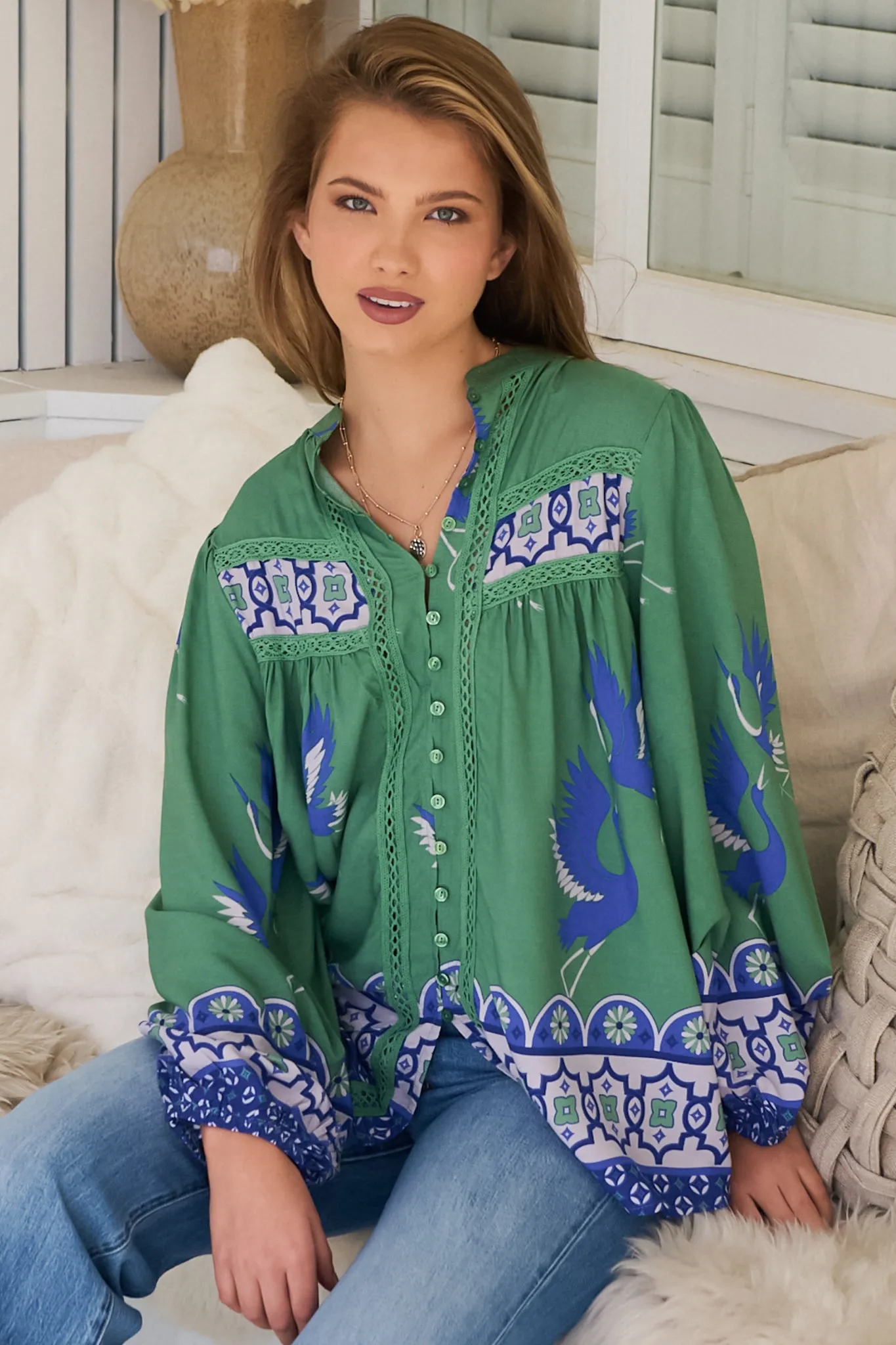 Bee Blouse - Lace Decal Button Down Long Sleeve Blouse in Bluebird Print sold by Salty Crush product image thumbnail 5
