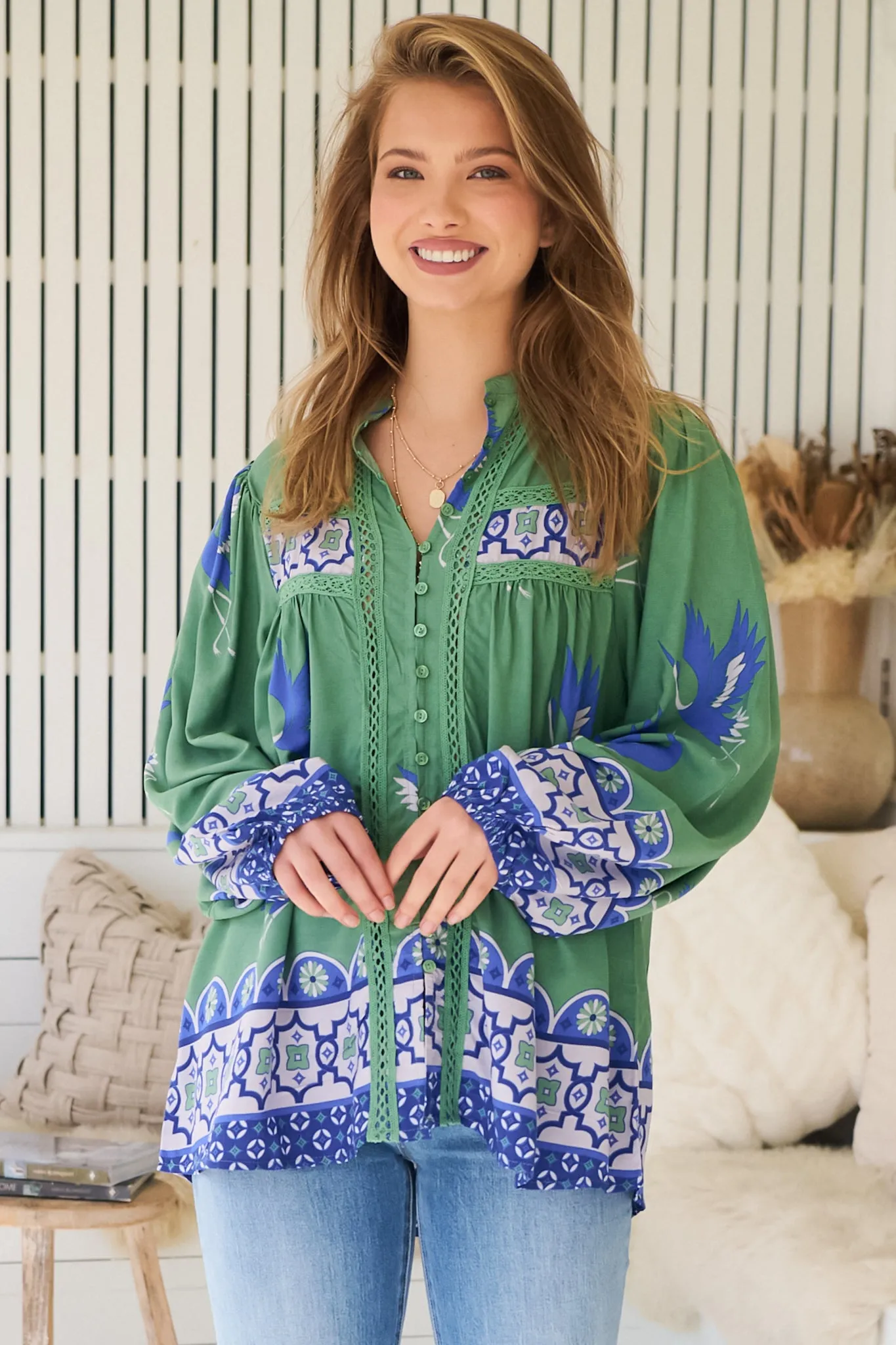 Bee Blouse - Lace Decal Button Down Long Sleeve Blouse in Bluebird Print sold by Salty Crush product image thumbnail 3