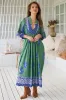 Boheme Midi Dress - Piping Defined Bust 3/4 Sleeve Smock Dress in Bluebird Print sold by Salty Crush