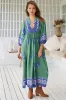 Boheme Midi Dress - Piping Defined Bust 3/4 Sleeve Smock Dress in Bluebird Print sold by Salty Crush