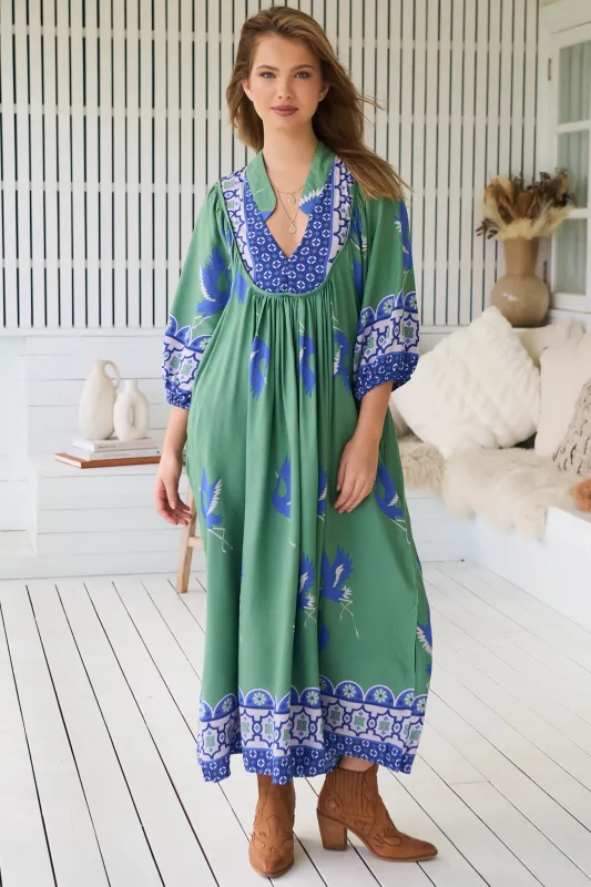 Boheme Midi Dress - Piping Defined Bust 3/4 Sleeve Smock Dress in Bluebird Print sold by Salty Crush
