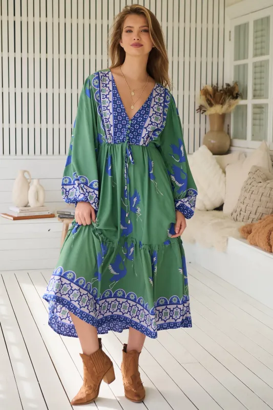 Willa Midi Dress - V-Neck Pull Tie Waist Long Sleeve Dress in Bluebird Print sold by Salty Crush