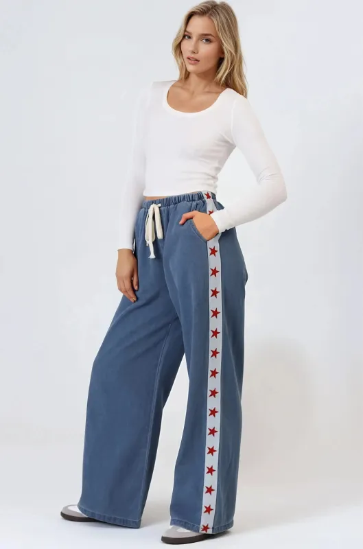 Zayne Pants - High Waisted Wide Leg Pants with Star Side Strip in Mid Denim Blue sold by Salty Crush