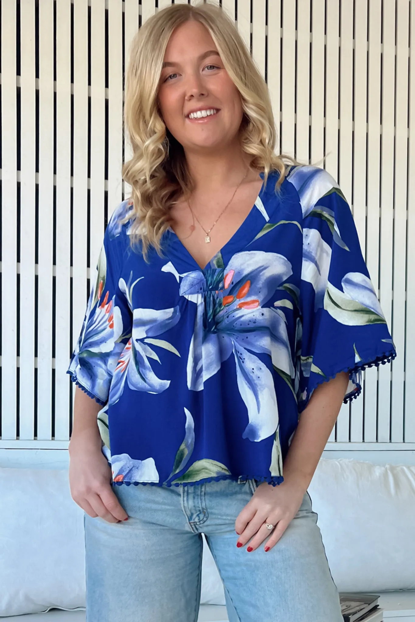 Gabriella Top - Mandarin Collar Deep V Neck Crochet Trim Top in Asteria Print sold by Salty Crush