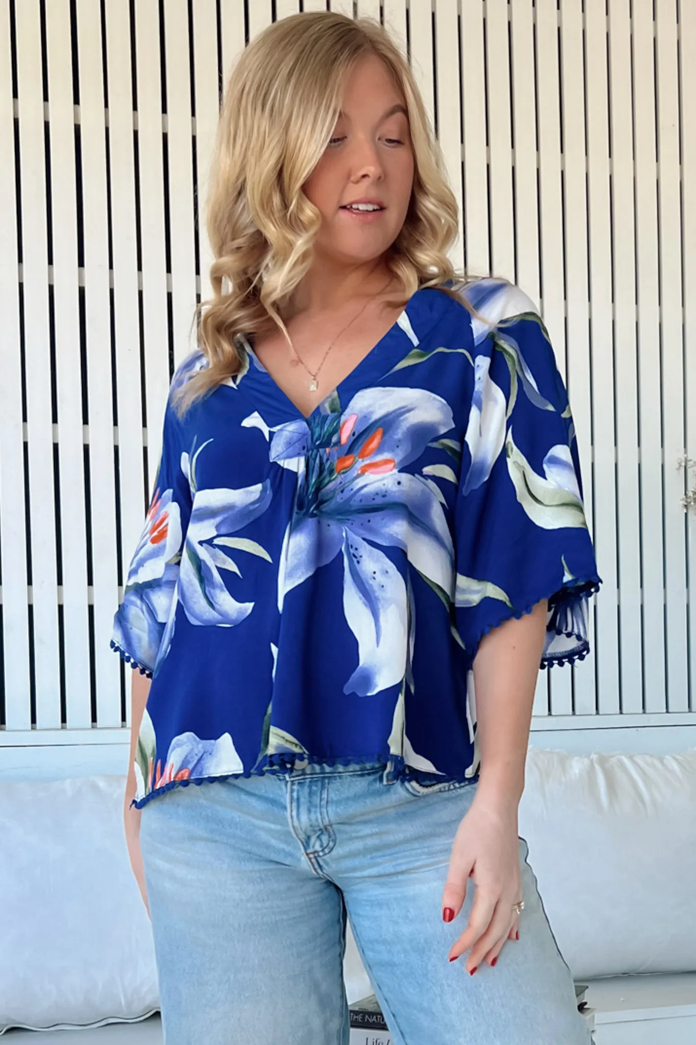 Gabriella Top - Mandarin Collar Deep V Neck Crochet Trim Top in Asteria Print sold by Salty Crush product image thumbnail 4