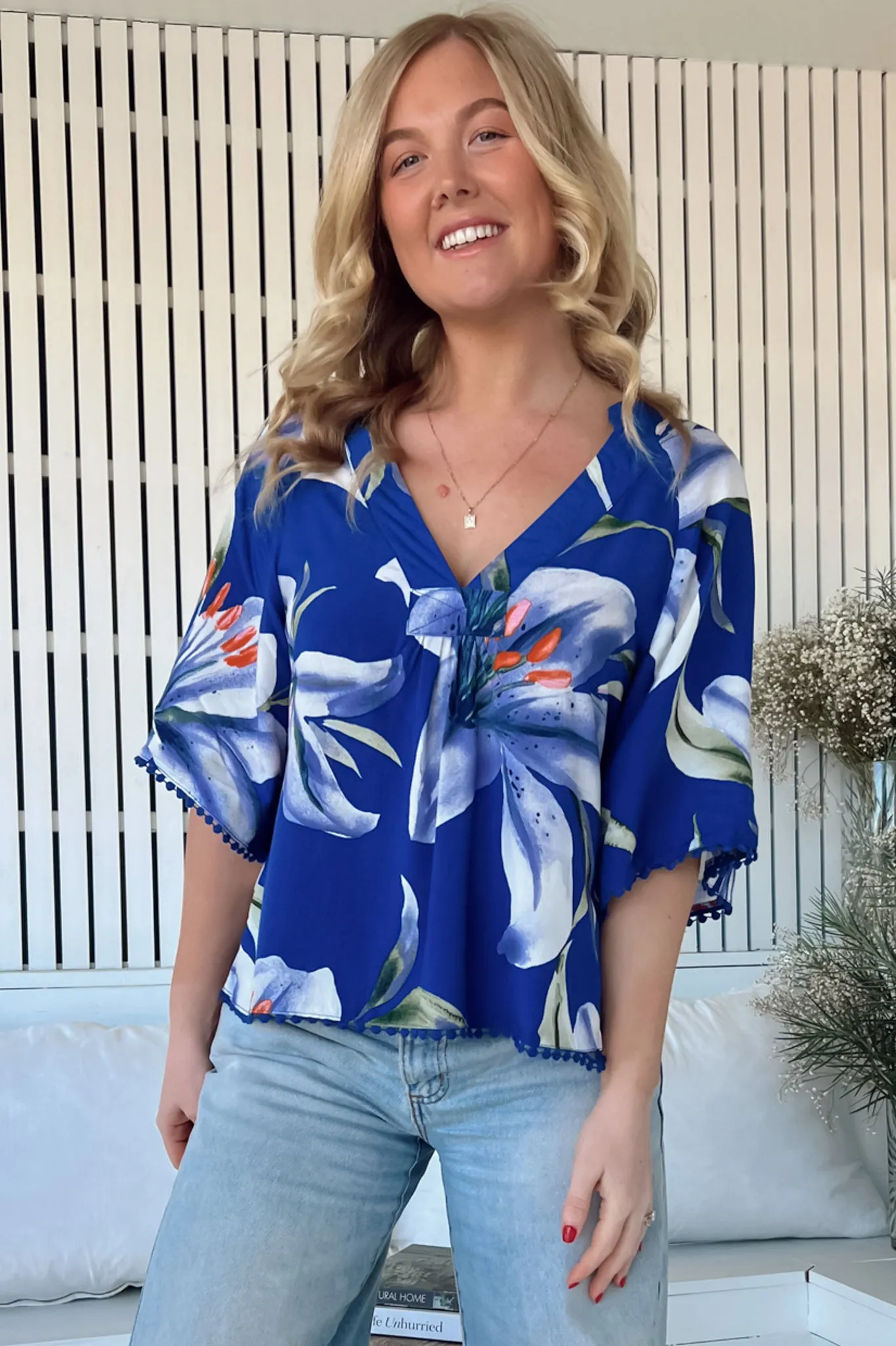 Gabriella Top - Mandarin Collar Deep V Neck Crochet Trim Top in Asteria Print sold by Salty Crush product image thumbnail 3