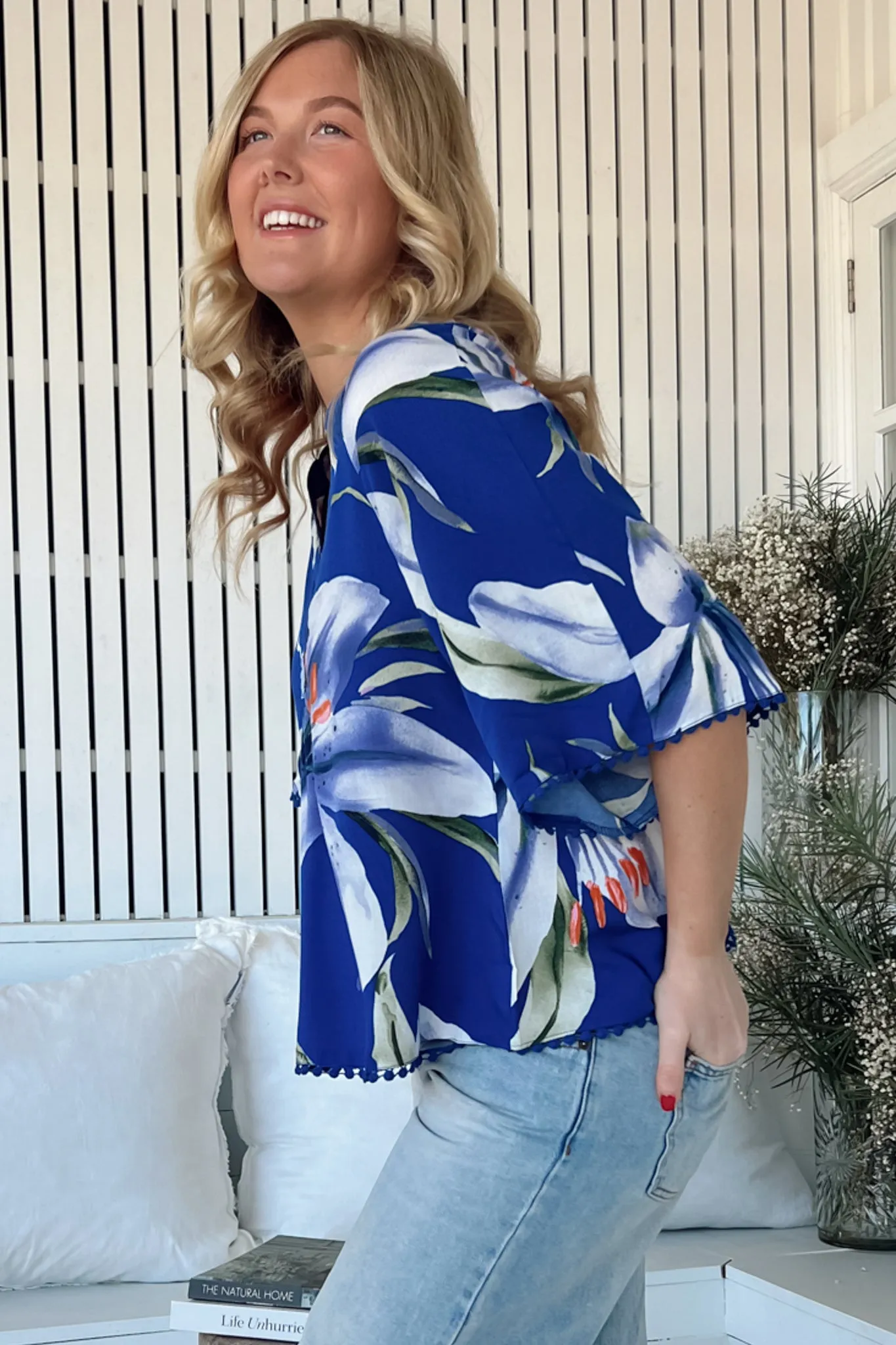 Gabriella Top - Mandarin Collar Deep V Neck Crochet Trim Top in Asteria Print sold by Salty Crush product image thumbnail 5