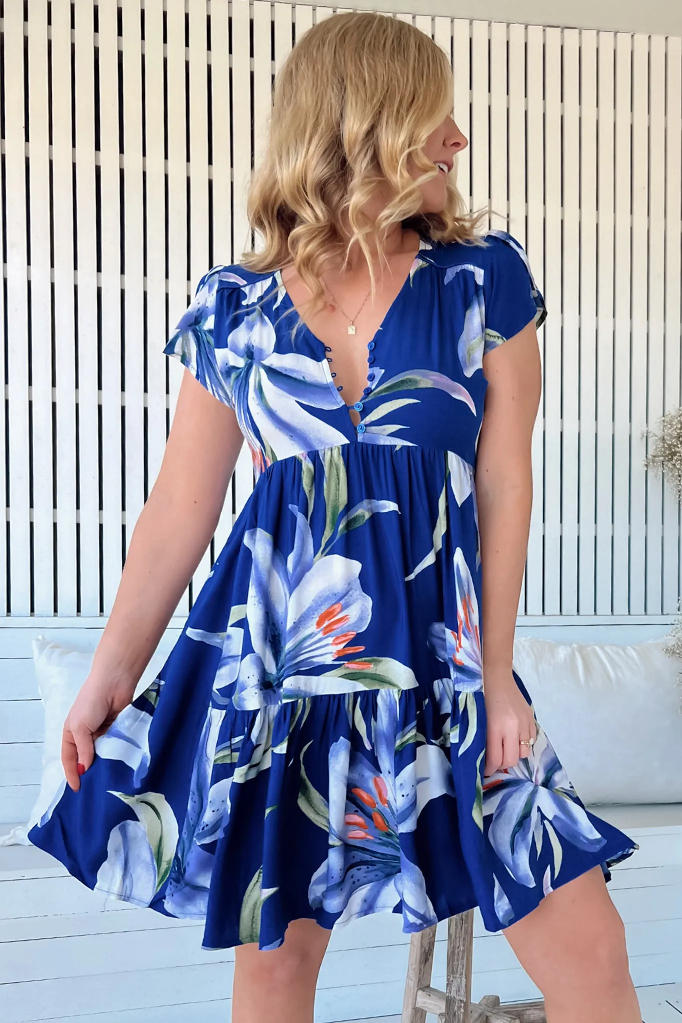 Tracey Mini Dress - Cap Sleeve Dress with Waist Tie in Asteria Print sold by Salty Crush product image thumbnail 2