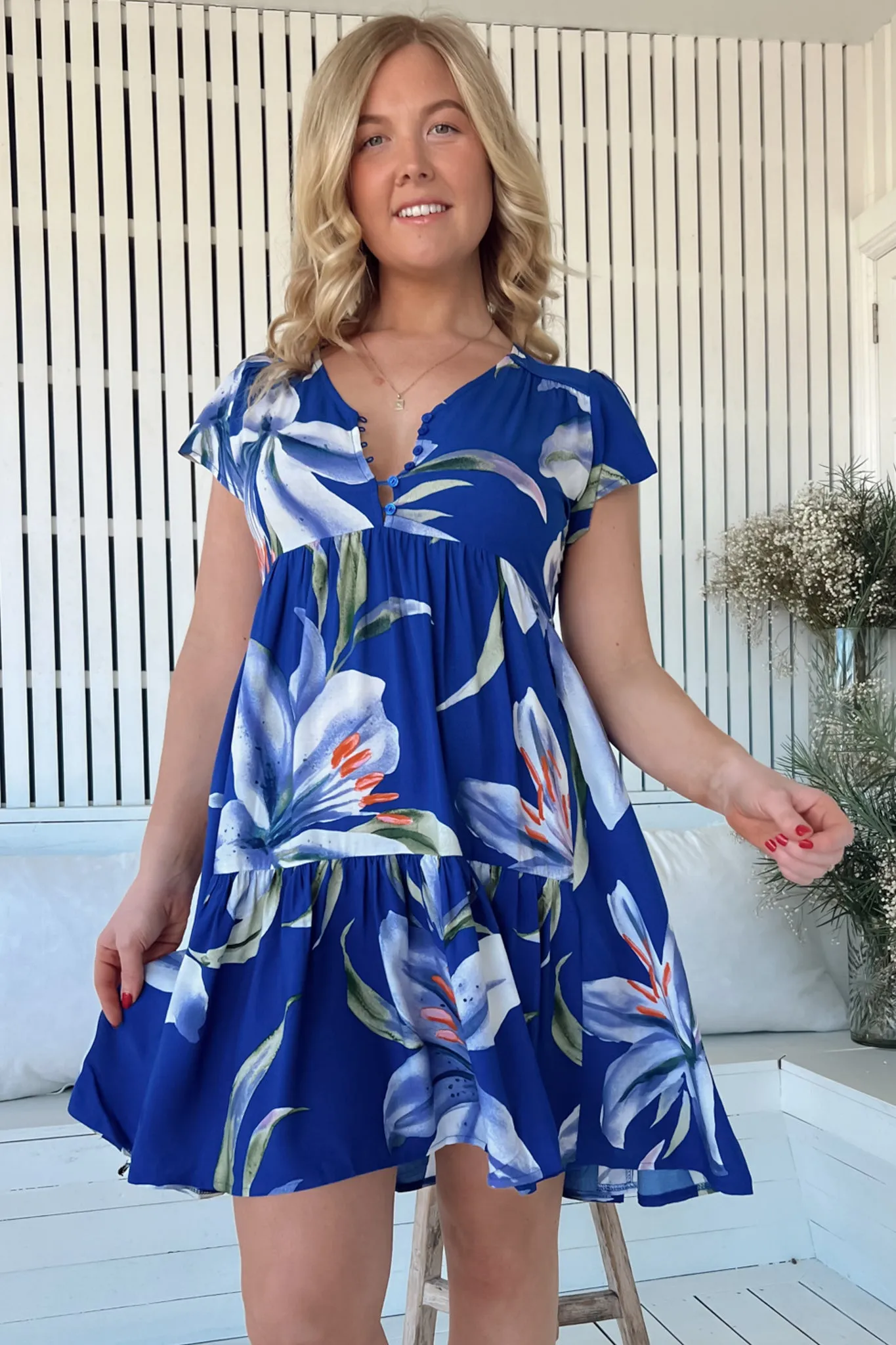 Tracey Mini Dress - Cap Sleeve Dress with Waist Tie in Asteria Print sold by Salty Crush