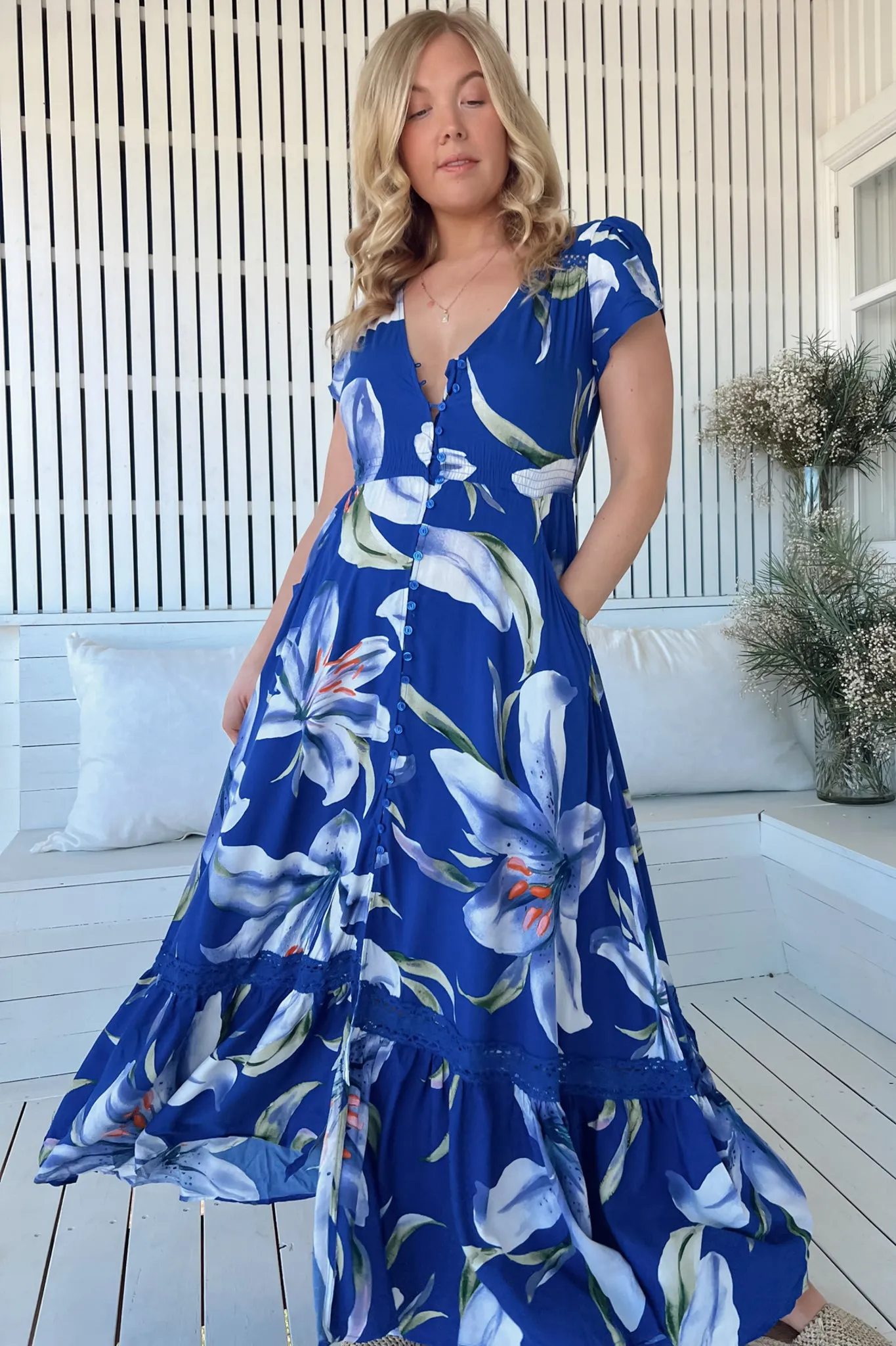 Carmen Maxi Dress - Butterfly Cap Sleeve Button Down A Line Dress with Lace Trim in Asteria Print sold by Salty Crush product image thumbnail 4