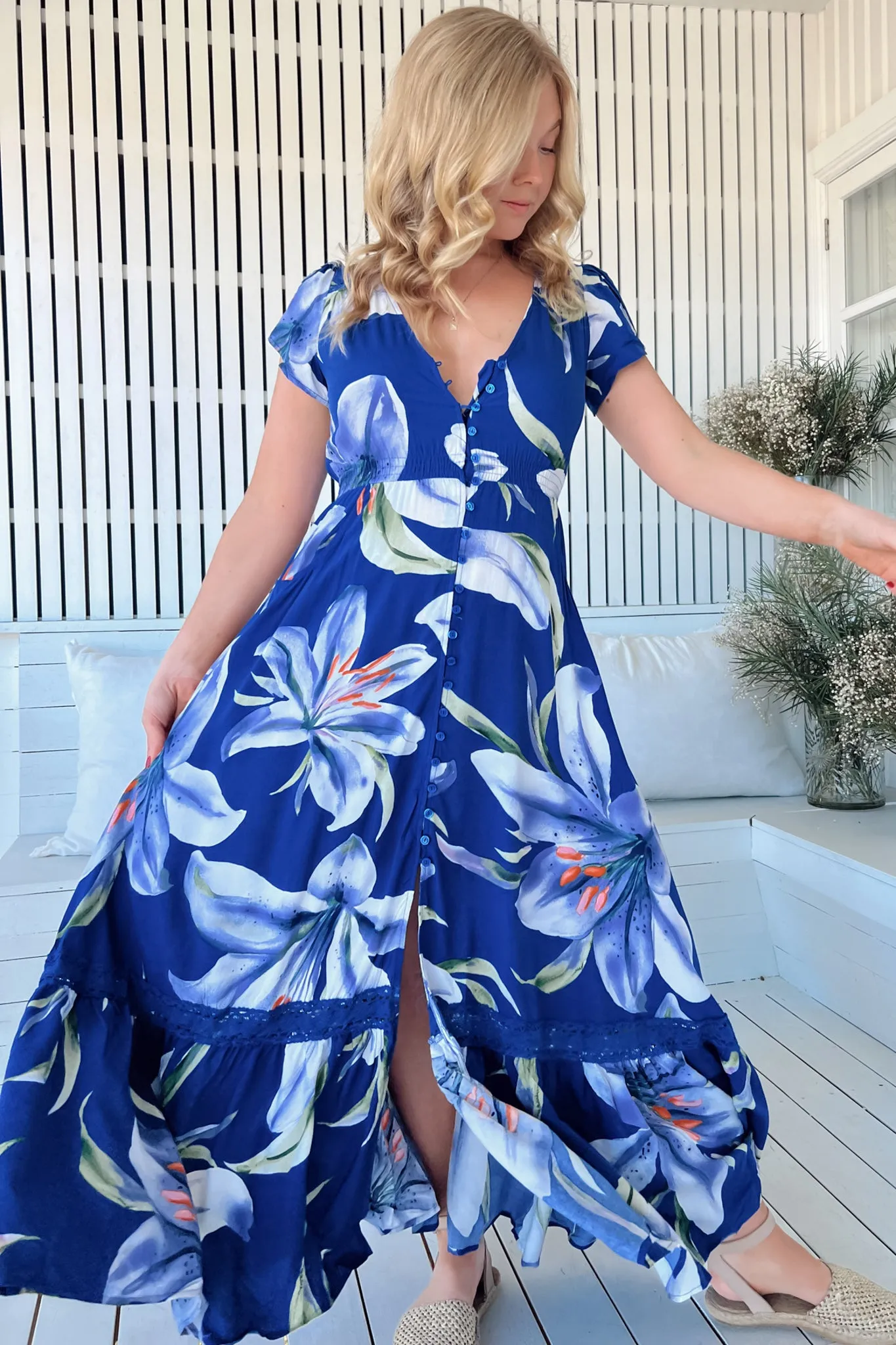 Carmen Maxi Dress - Butterfly Cap Sleeve Button Down A Line Dress with Lace Trim in Asteria Print sold by Salty Crush product image thumbnail 3