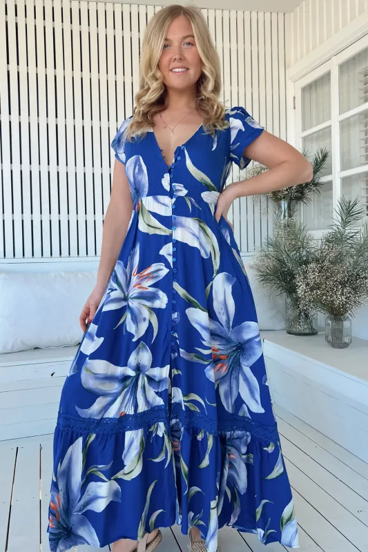 Carmen Maxi Dress - Butterfly Cap Sleeve Button Down A Line Dress with Lace Trim in Asteria Print sold by Salty Crush