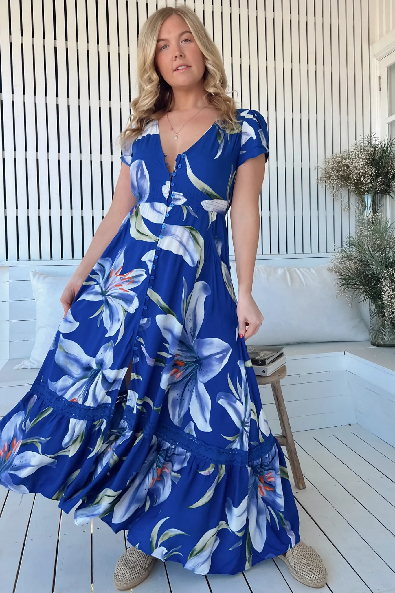 Carmen Maxi Dress - Butterfly Cap Sleeve Button Down A Line Dress with Lace Trim in Asteria Print sold by Salty Crush product image thumbnail 2