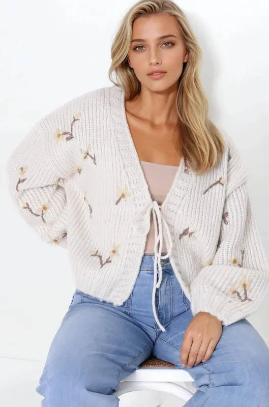 Romilly Cardigan - Floral Embroidered Tie Front Cardigan in Bone made by Salty Crush