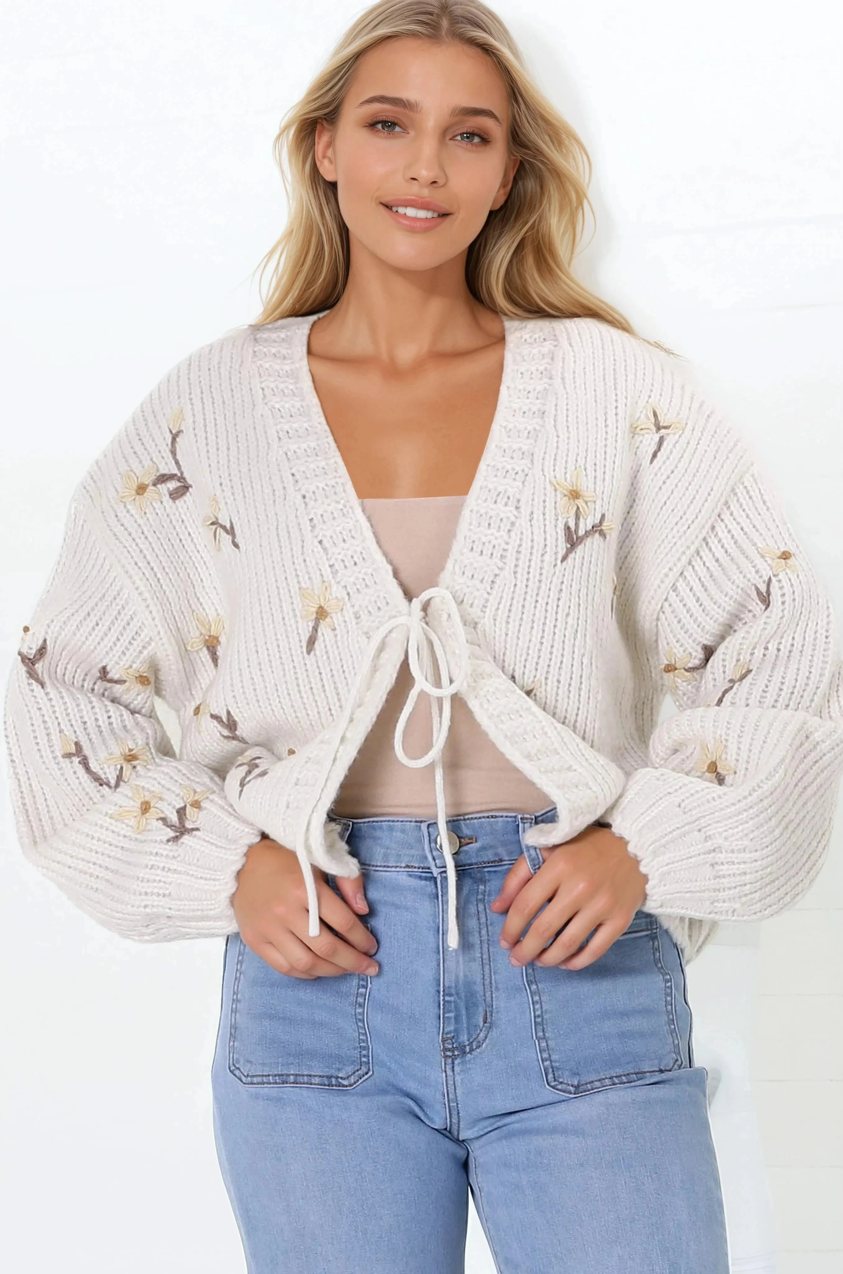 Romilly Cardigan - Floral Embroidered Tie Front Cardigan in Bone sold by Salty Crush product image thumbnail 4
