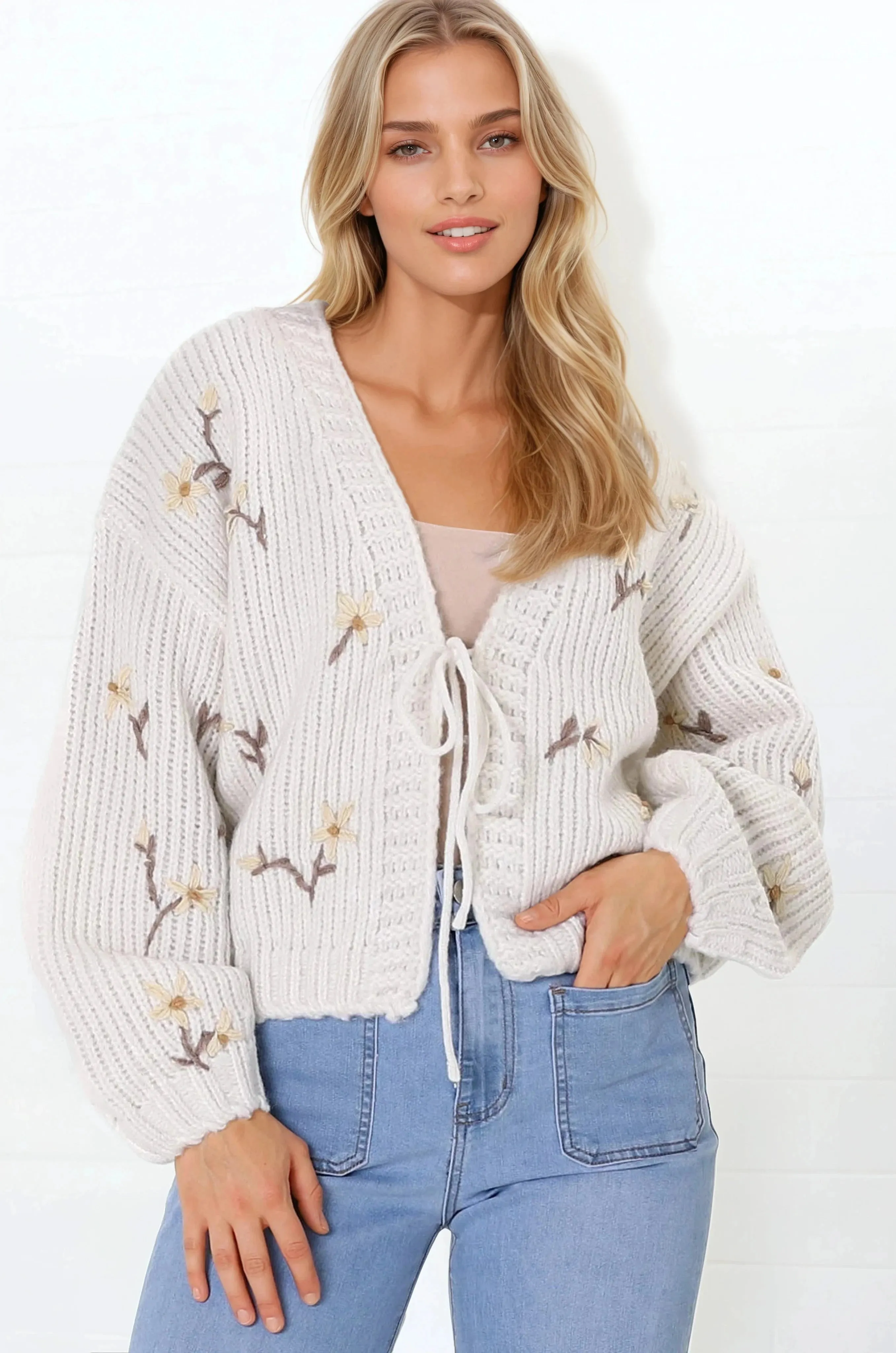 Romilly Cardigan - Floral Embroidered Tie Front Cardigan in Bone sold by Salty Crush product image thumbnail 3