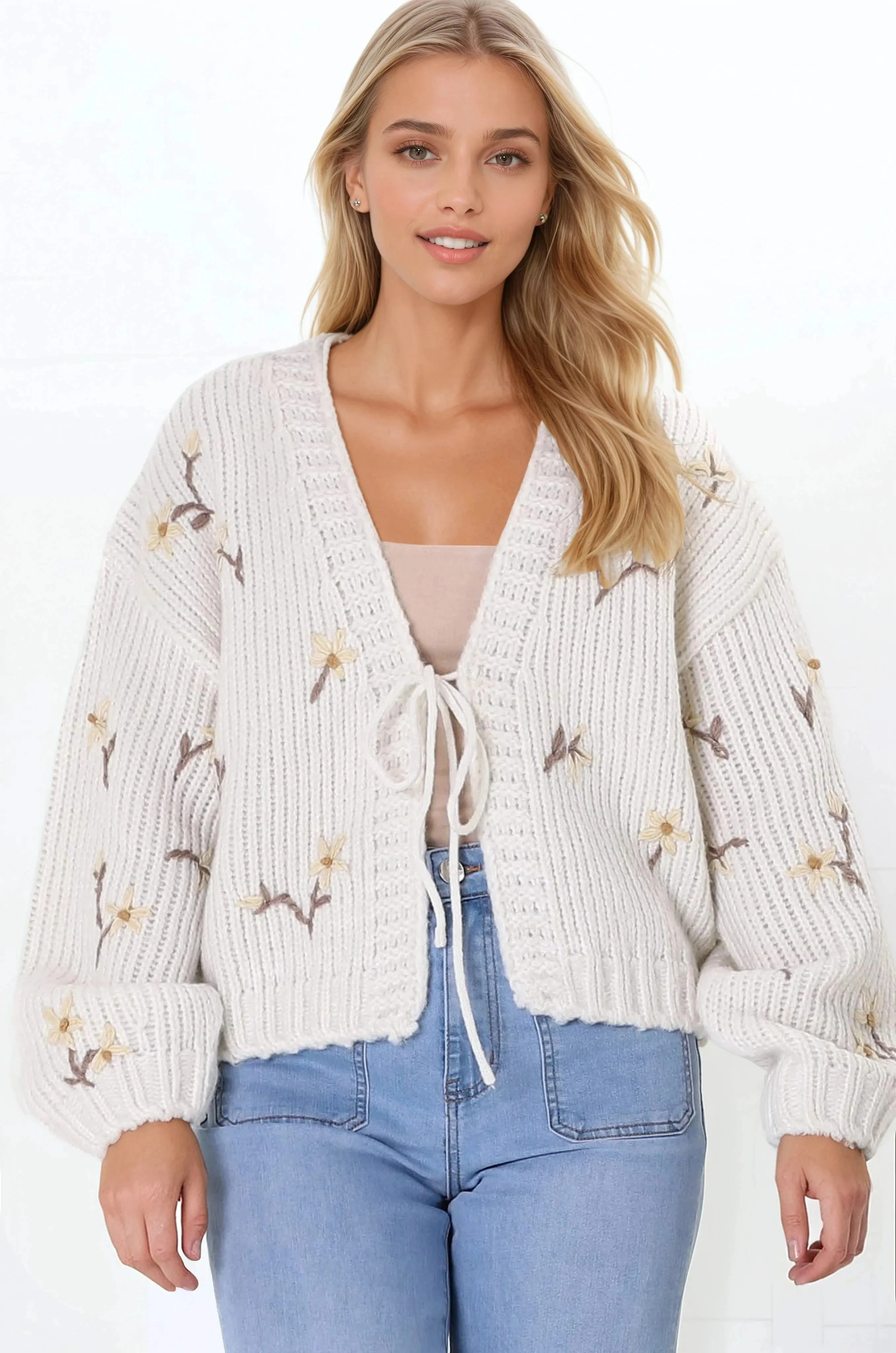 Romilly Cardigan - Floral Embroidered Tie Front Cardigan in Bone sold by Salty Crush product image thumbnail 2