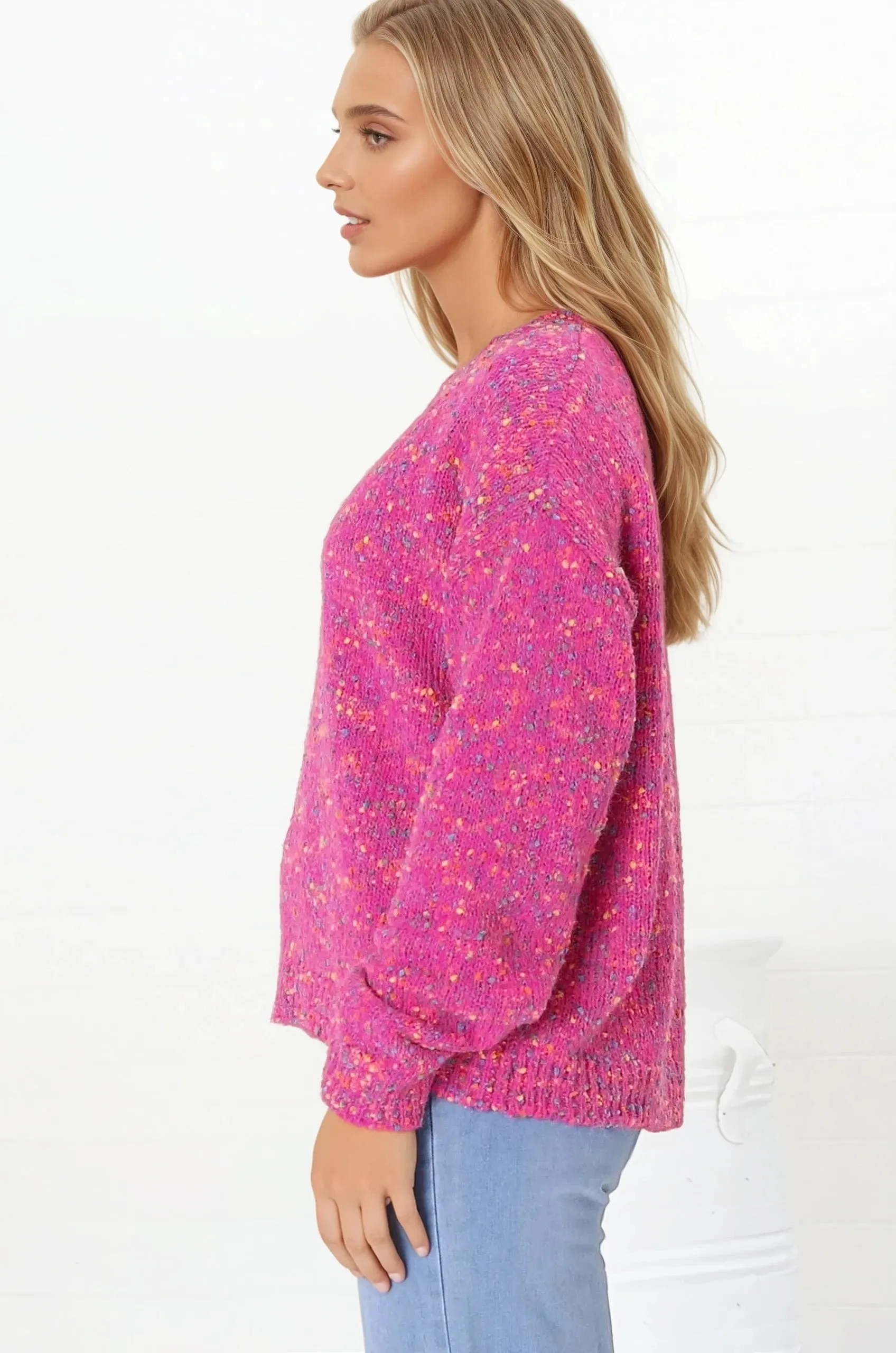 Kacey Jumper - Rainbow Speck V-Neck Knit Jumper in Fuchsia sold by Salty Crush product image thumbnail 5