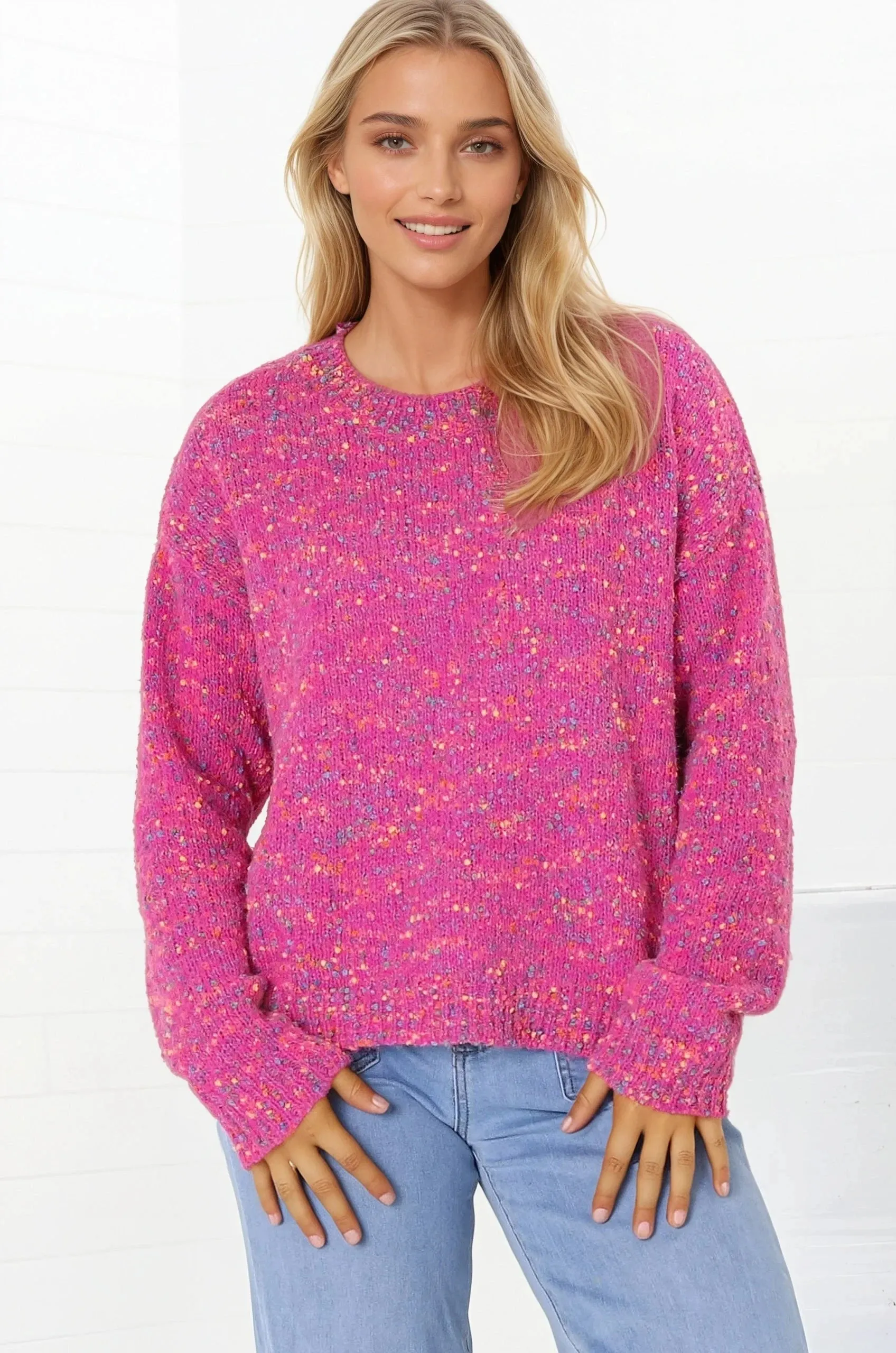 Kacey Jumper - Rainbow Speck V-Neck Knit Jumper in Fuchsia sold by Salty Crush product image thumbnail 3