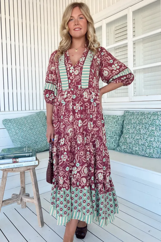 Mila Midi Dress - Mandarin Collar Buttoned Bodice Tiered Dress in Athena Print sold by Salty Crush