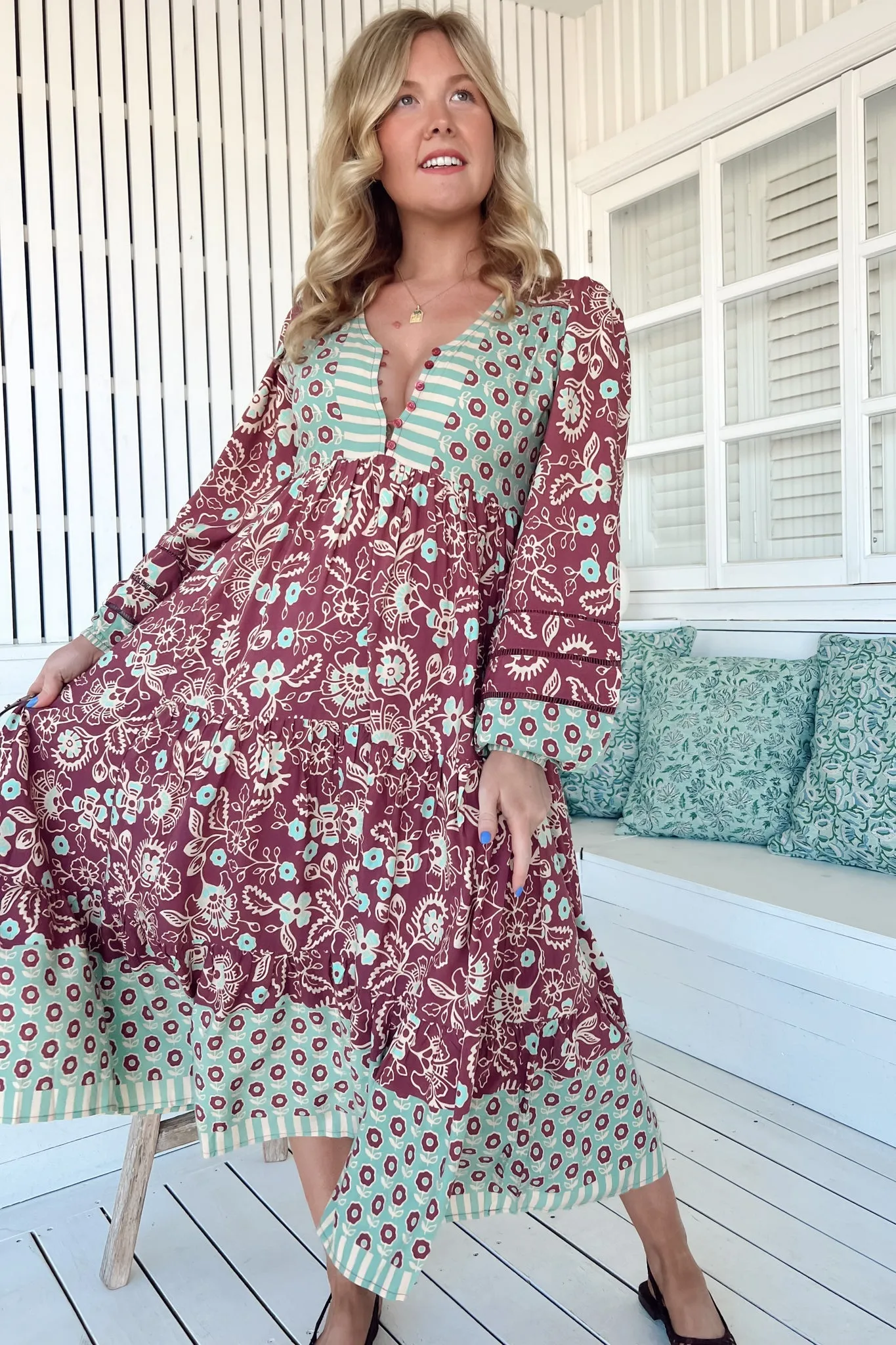 Eve Midi Dress - V Neck Long Sleeve Tiered Dress with Option Waist Tie in Athena Print sold by Salty Crush product image thumbnail 4