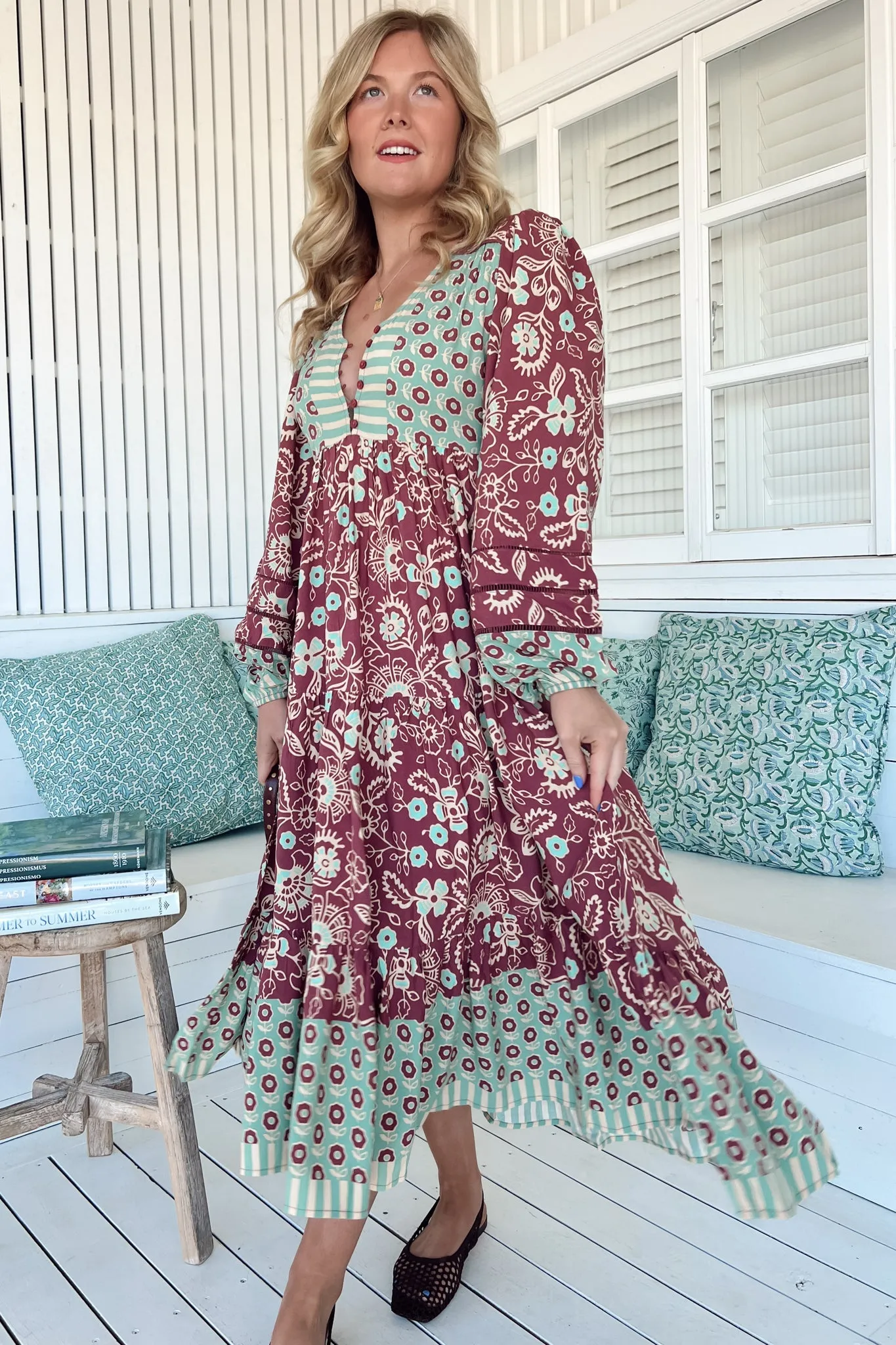 Eve Midi Dress - V Neck Long Sleeve Tiered Dress with Option Waist Tie in Athena Print sold by Salty Crush product image thumbnail 5