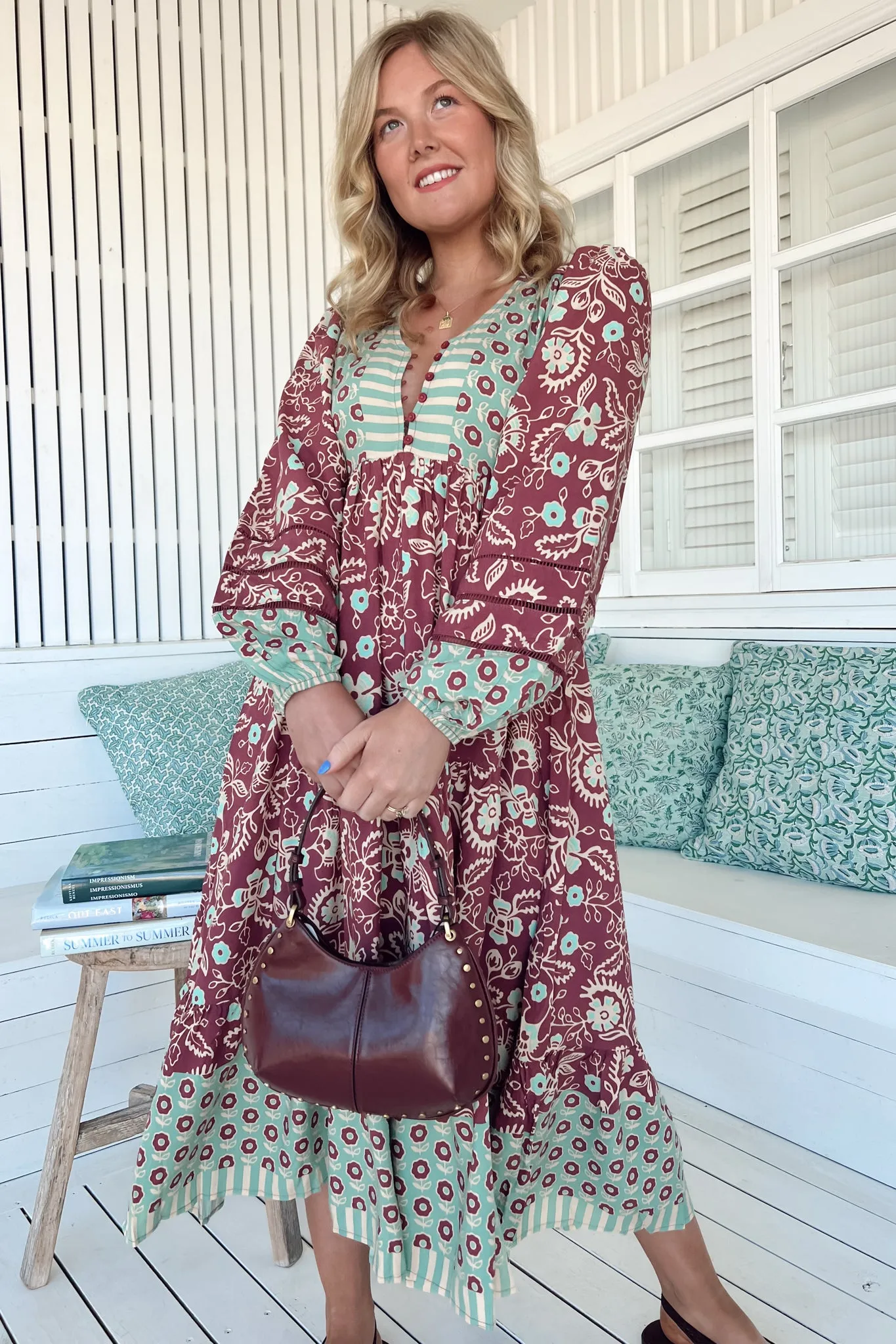 Eve Midi Dress - V Neck Long Sleeve Tiered Dress with Option Waist Tie in Athena Print sold by Salty Crush product image thumbnail 3