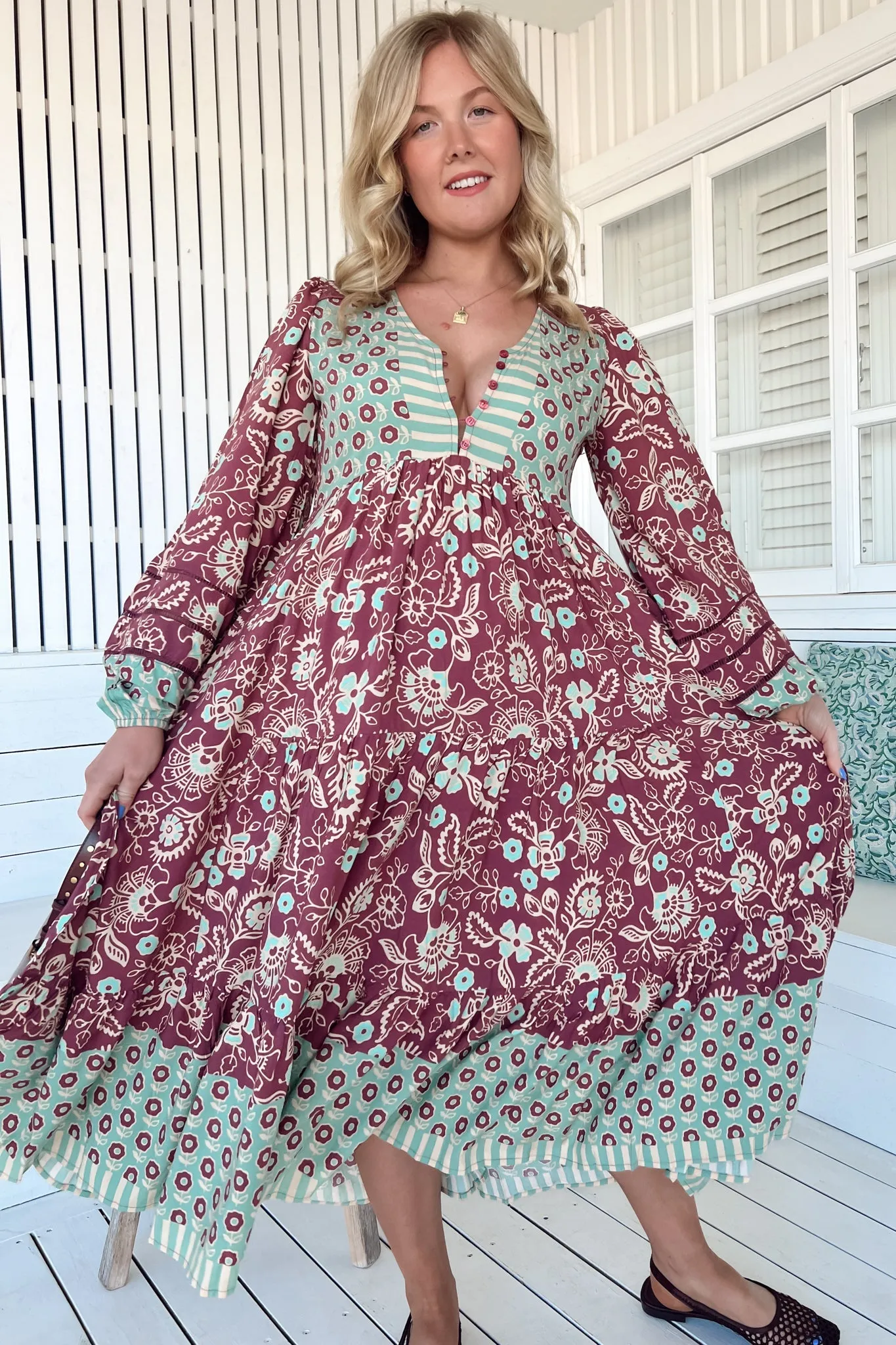 Eve Midi Dress - V Neck Long Sleeve Tiered Dress with Option Waist Tie in Athena Print sold by Salty Crush product image thumbnail 2