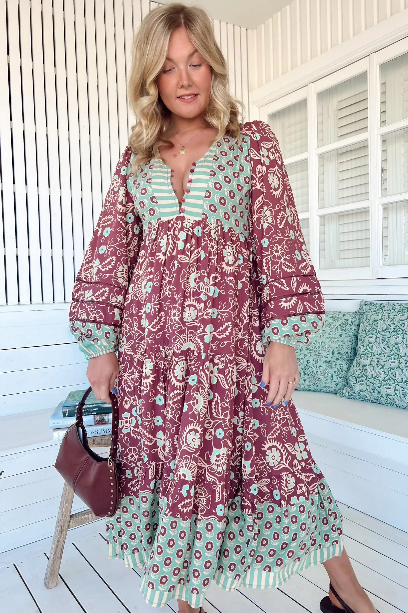 Eve Midi Dress - V Neck Long Sleeve Tiered Dress with Option Waist Tie in Athena Print sold by Salty Crush