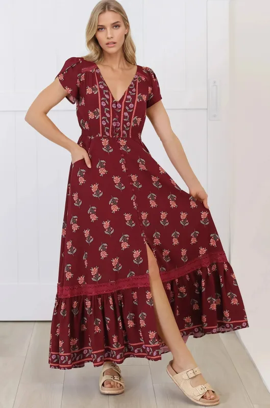 Carmen Maxi Dress - Butterfly Cap Sleeve Button Down A Line Dress with Lace Trim in Grenache Print sold by Salty Crush