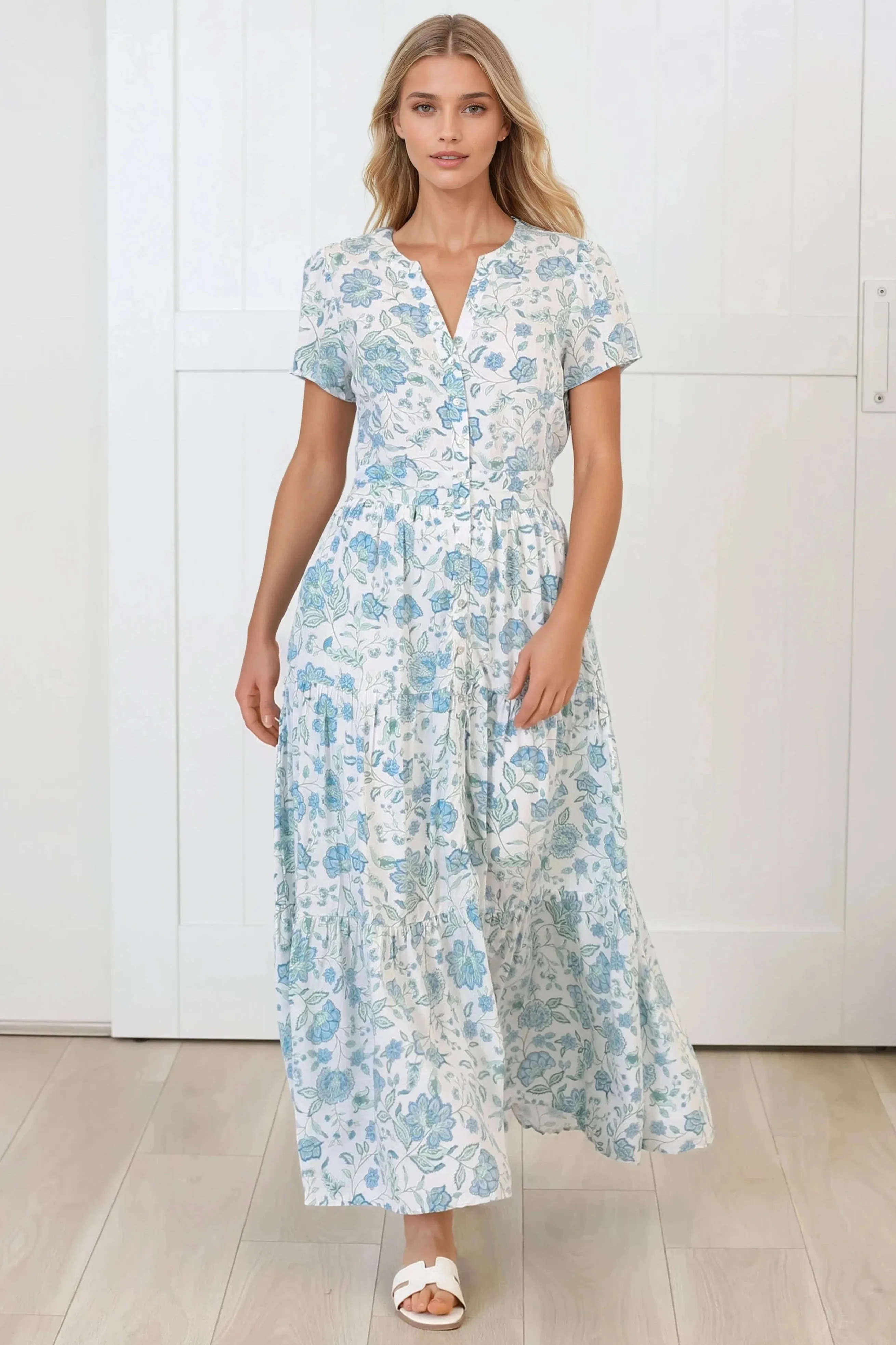 Riba Midi Dress - Button Down Tiered Dress with Cut Out Back in Makenna Print sold by Salty Crush product image thumbnail 3