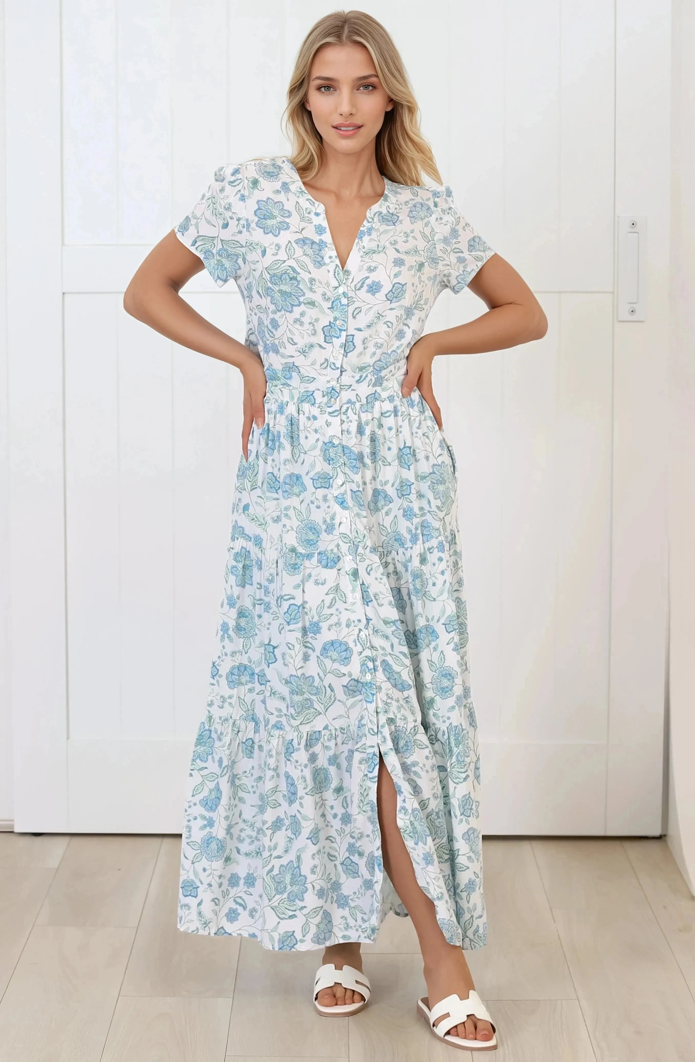 Riba Midi Dress - Button Down Tiered Dress with Cut Out Back in Makenna Print sold by Salty Crush