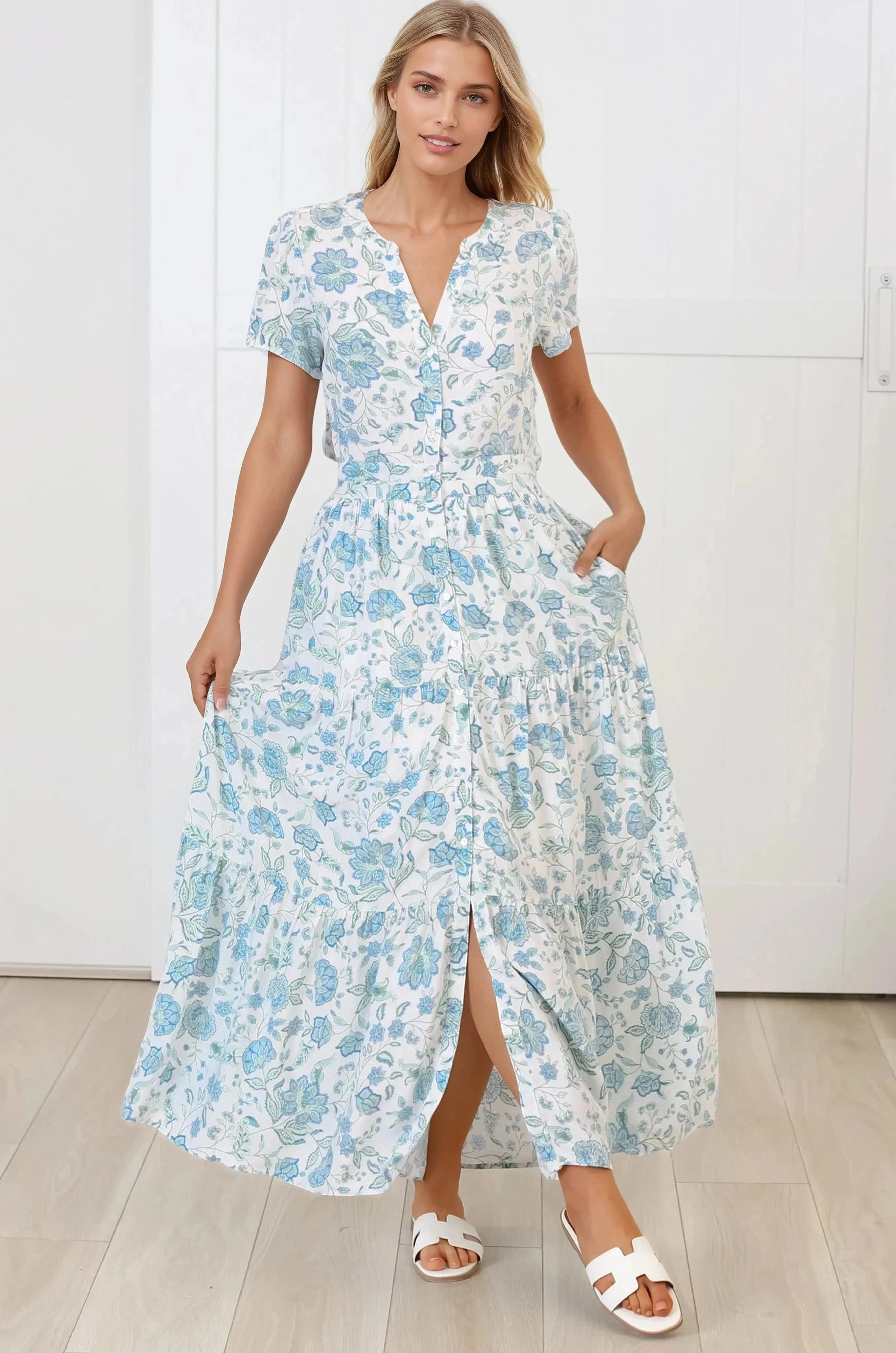 Riba Midi Dress - Button Down Tiered Dress with Cut Out Back in Makenna Print sold by Salty Crush product image thumbnail 2