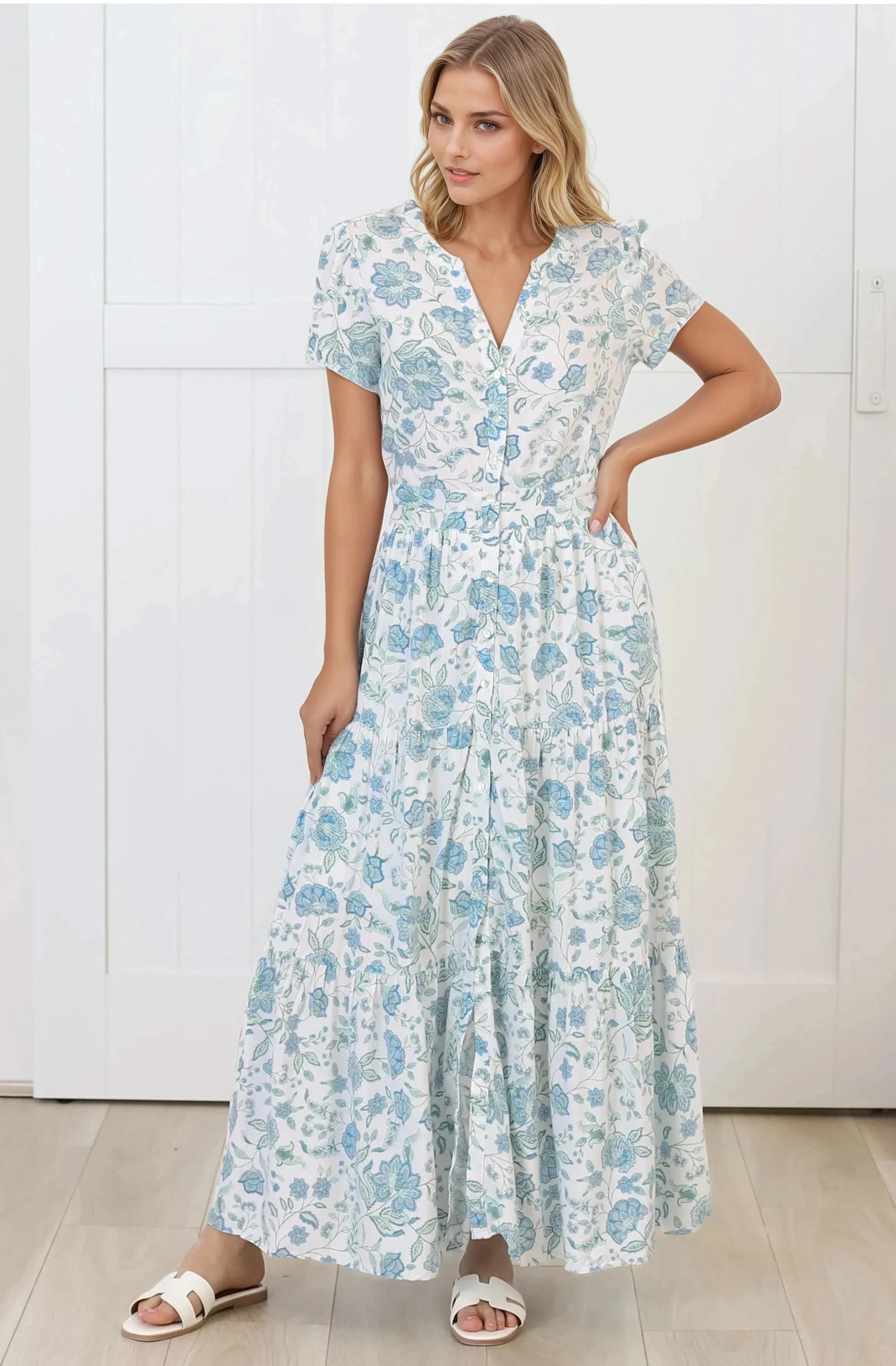 Riba Midi Dress - Button Down Tiered Dress with Cut Out Back in Makenna Print sold by Salty Crush product image thumbnail 4