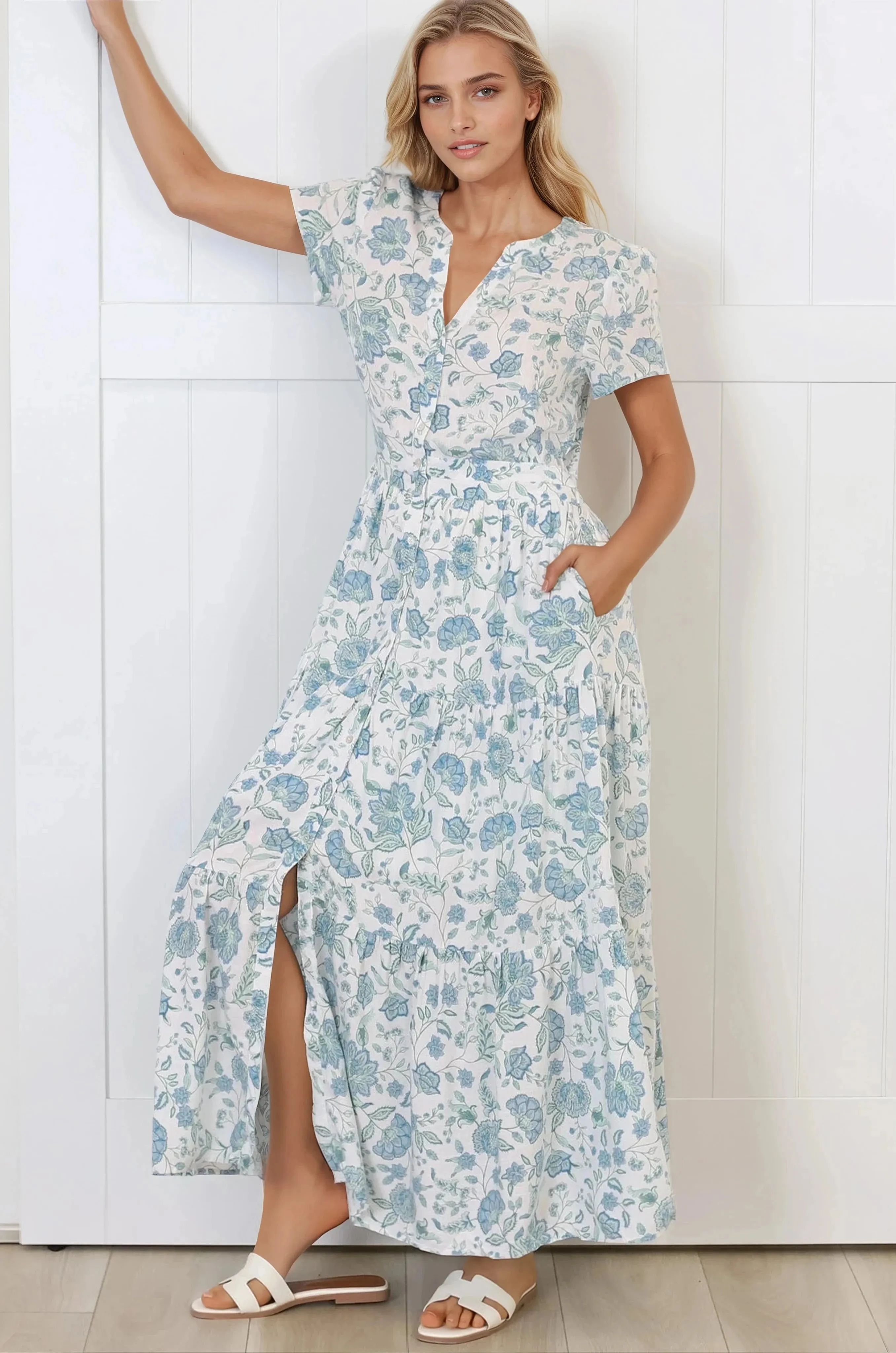 Riba Midi Dress - Button Down Tiered Dress with Cut Out Back in Makenna Print sold by Salty Crush product image thumbnail 5