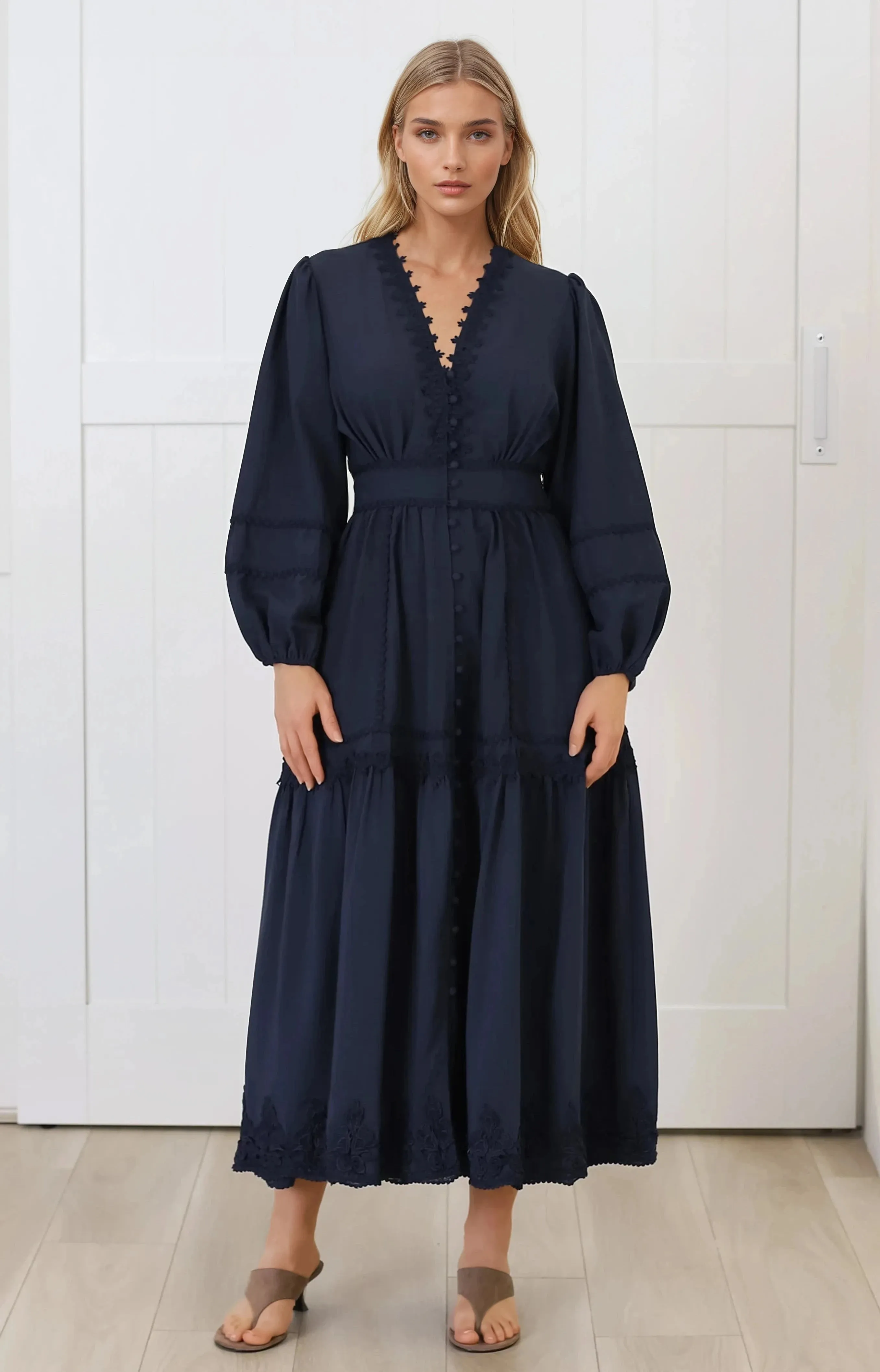 Elowyn Midi Dress - Floral Lace Trim Button Down A Line Dress with Balloon Sleeves in Navy sold by Salty Crush product image thumbnail 4
