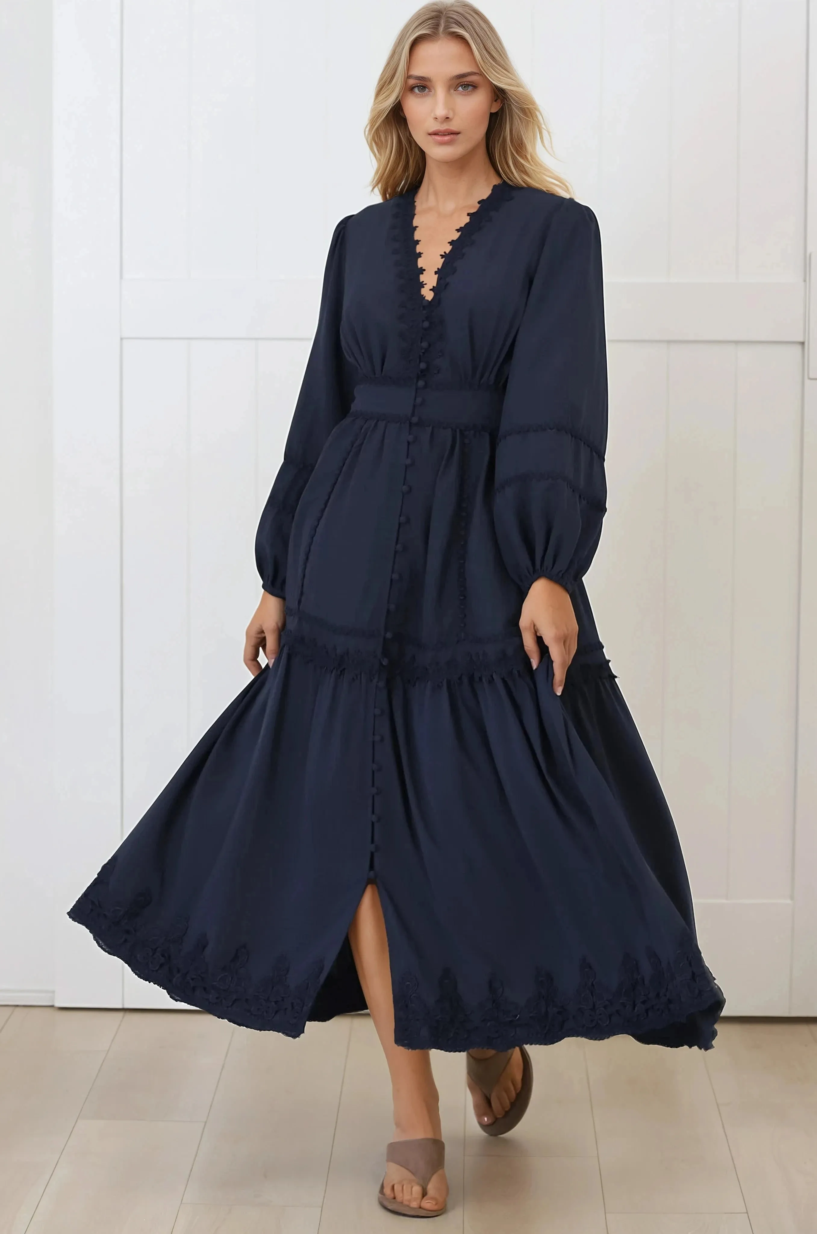 Elowyn Midi Dress - Floral Lace Trim Button Down A Line Dress with Balloon Sleeves in Navy sold by Salty Crush product image thumbnail 2