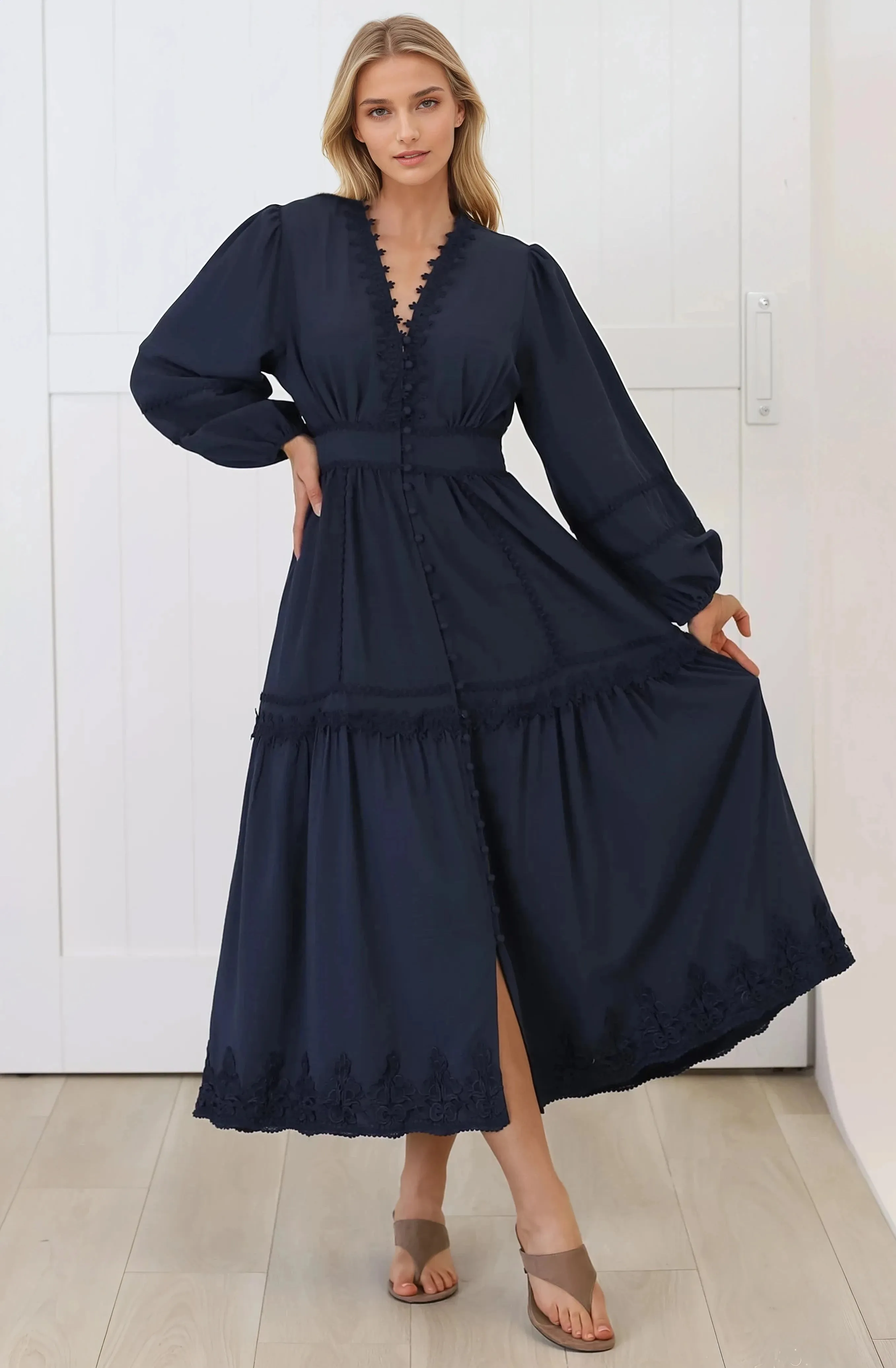 Elowyn Midi Dress - Floral Lace Trim Button Down A Line Dress with Balloon Sleeves in Navy sold by Salty Crush