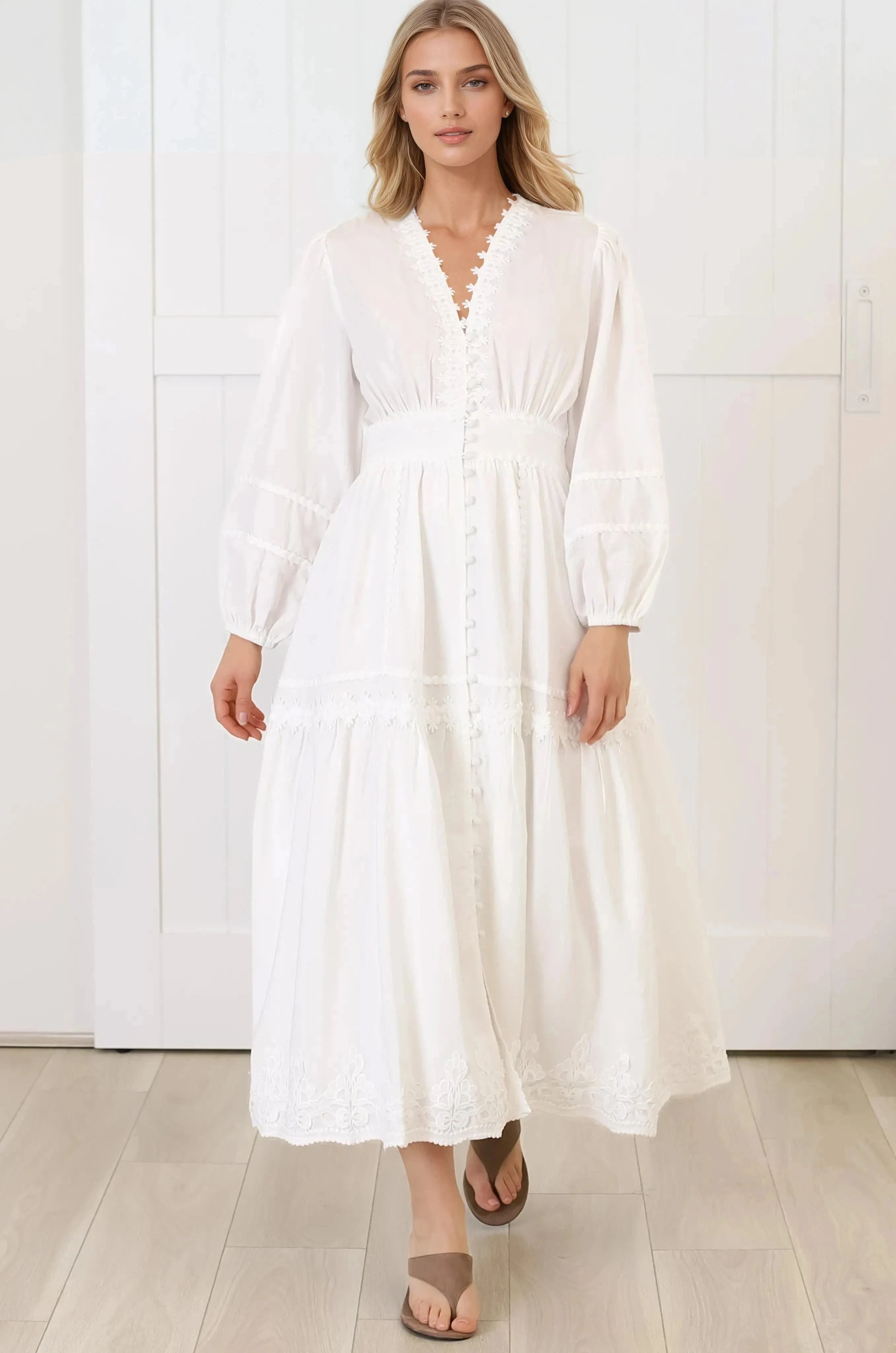 Elowyn Midi Dress - Floral Lace Trim Button Down A Line Dress with Balloon Sleeves in White sold by Salty Crush product image thumbnail 4
