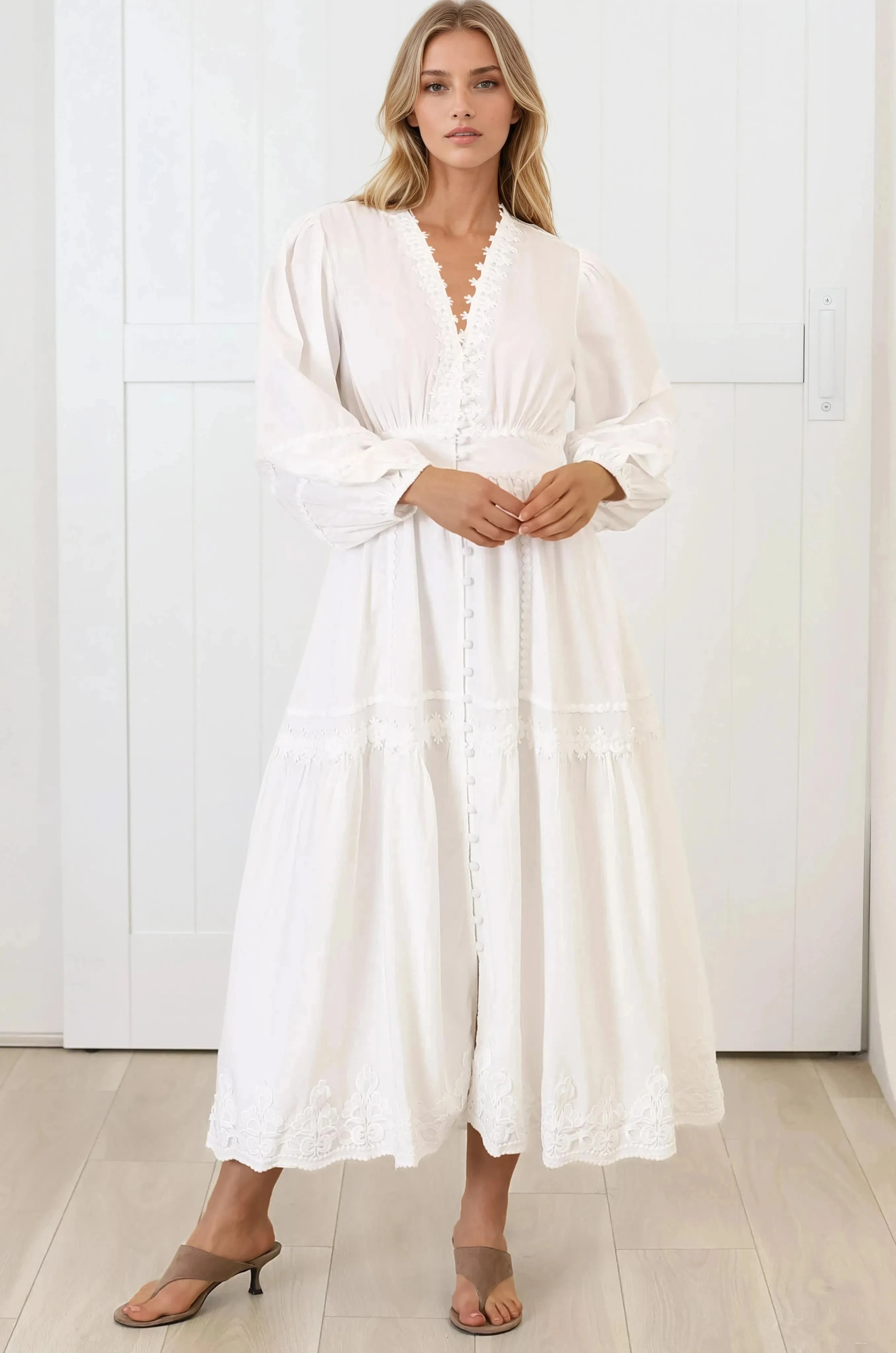 Elowyn Midi Dress - Floral Lace Trim Button Down A Line Dress with Balloon Sleeves in White sold by Salty Crush product image thumbnail 3