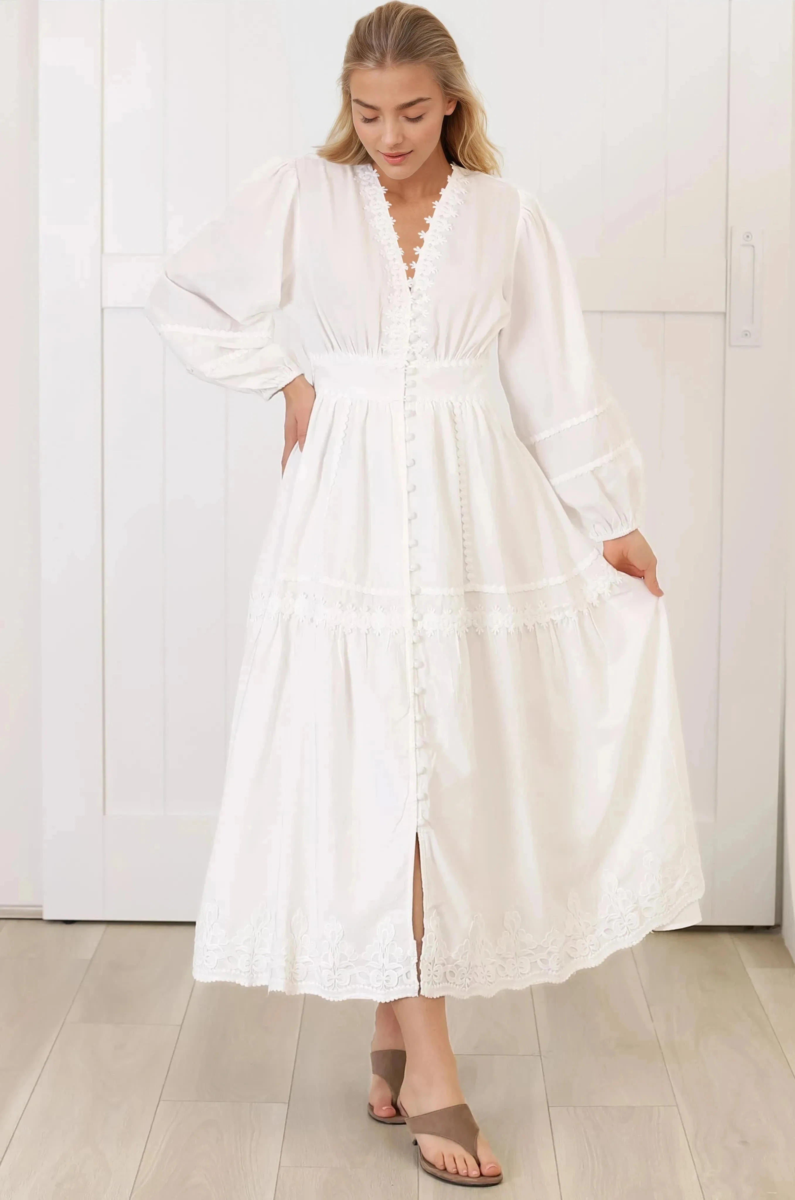 Elowyn Midi Dress - Floral Lace Trim Button Down A Line Dress with Balloon Sleeves in White sold by Salty Crush product image thumbnail 5