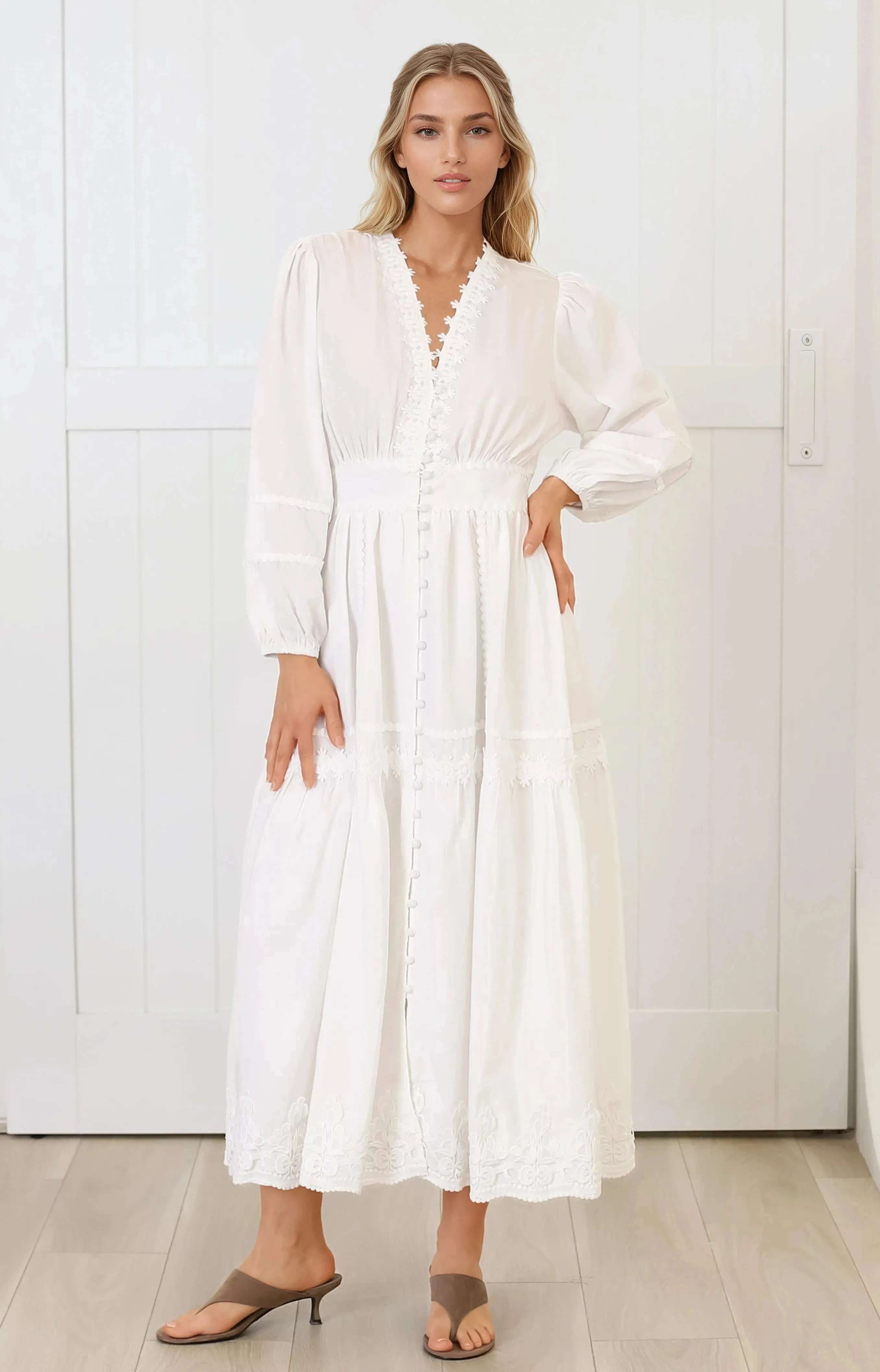 Elowyn Midi Dress - Floral Lace Trim Button Down A Line Dress with Balloon Sleeves in White sold by Salty Crush product image thumbnail 2