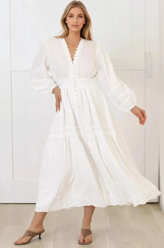 Elowyn Midi Dress - Floral Lace Trim Button Down A Line Dress with Balloon Sleeves in White sold by Salty Crush