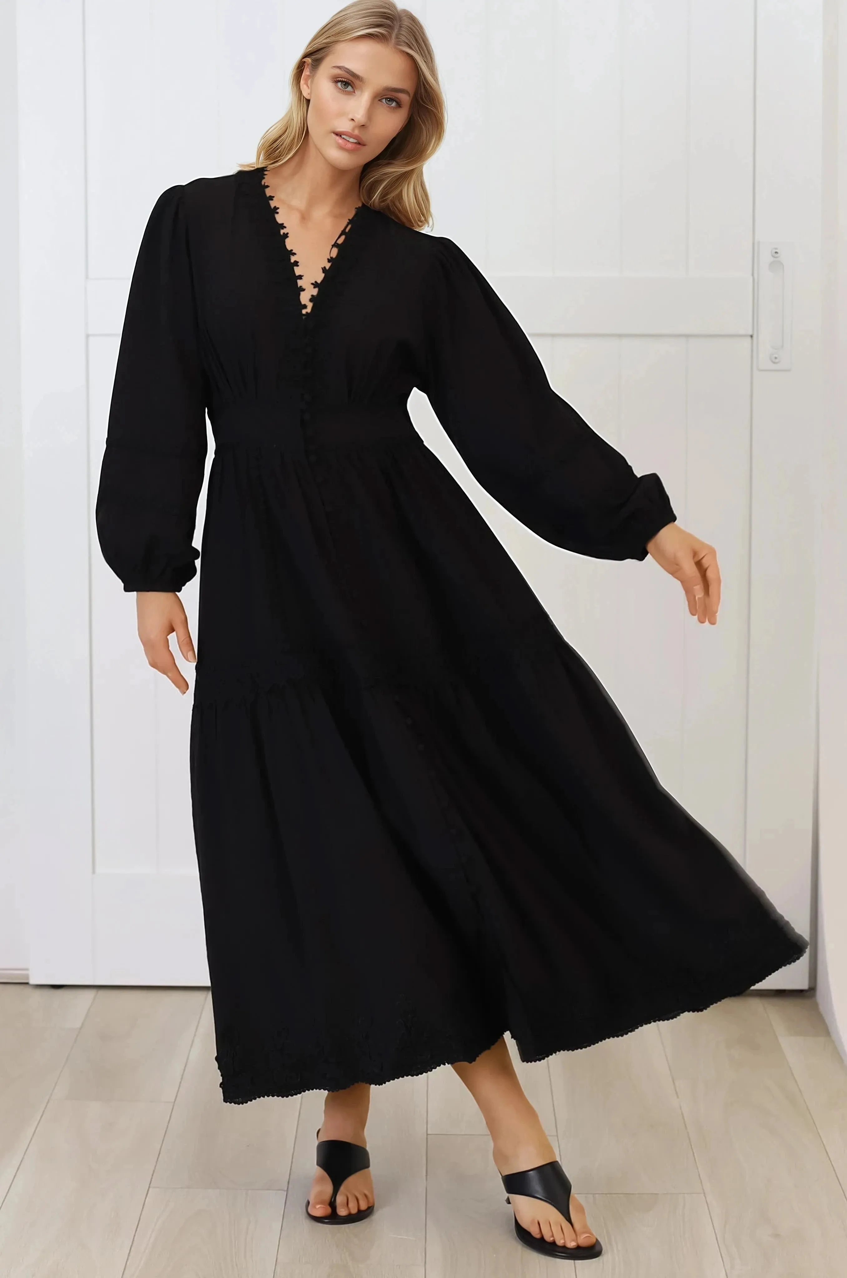 Elowyn Midi Dress - Floral Lace Trim Button Down A Line Dress with Balloon Sleeves in Black sold by Salty Crush product image thumbnail 2