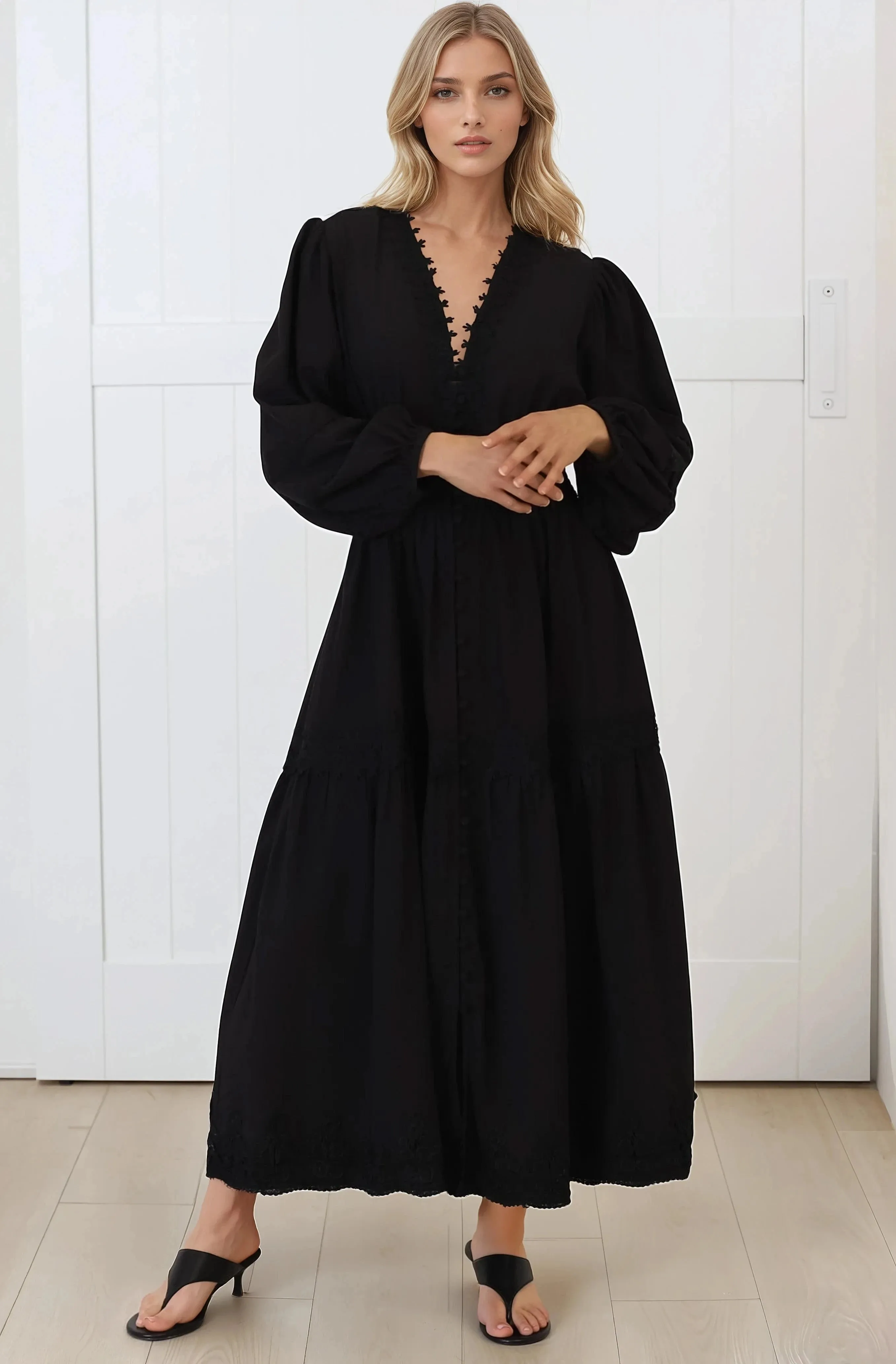 Elowyn Midi Dress - Floral Lace Trim Button Down A Line Dress with Balloon Sleeves in Black sold by Salty Crush product image thumbnail 3