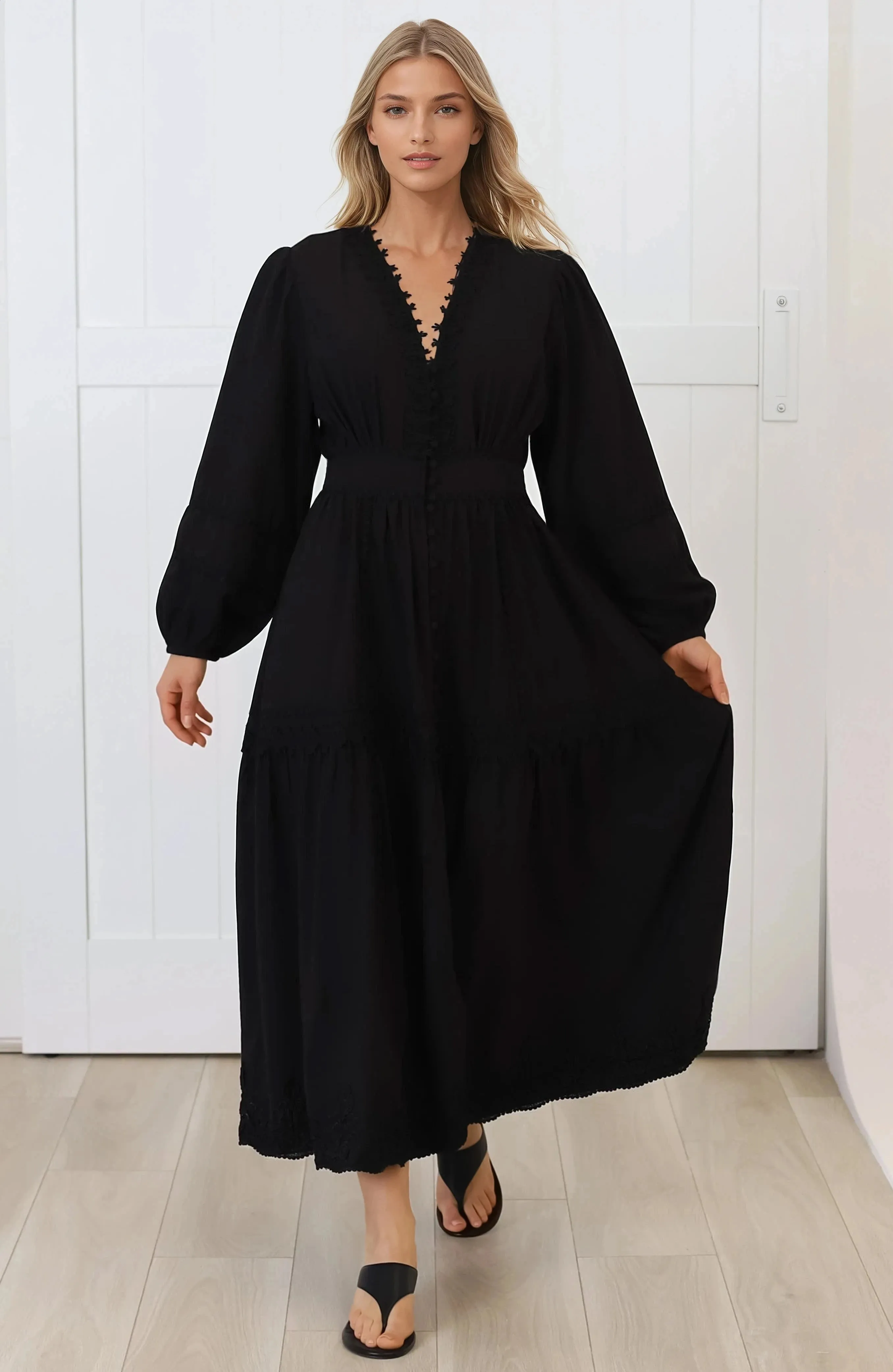 Elowyn Midi Dress - Floral Lace Trim Button Down A Line Dress with Balloon Sleeves in Black sold by Salty Crush product image thumbnail 5